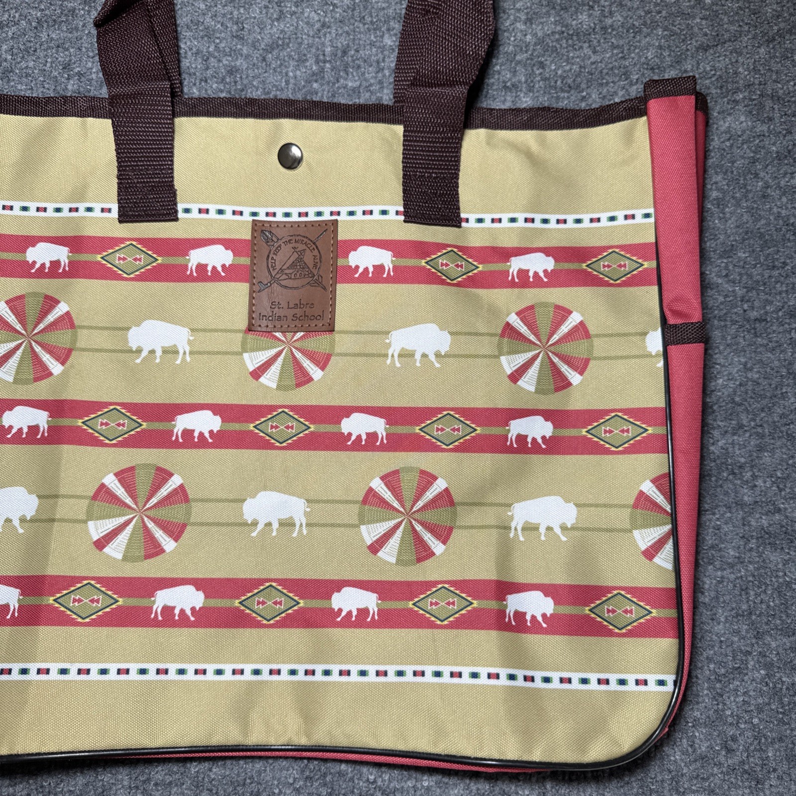 St Labre Indian School Aztec Bison Lunch Tote Bag Red Beige Native American