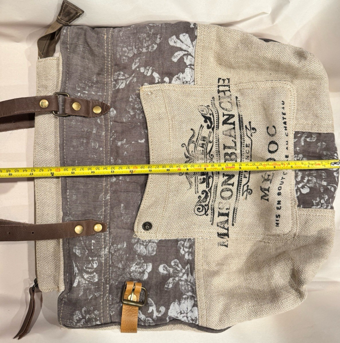 Myra Bag “Maison Blanche” Upcycled Linen Canvas Tote W/ Leather Handles