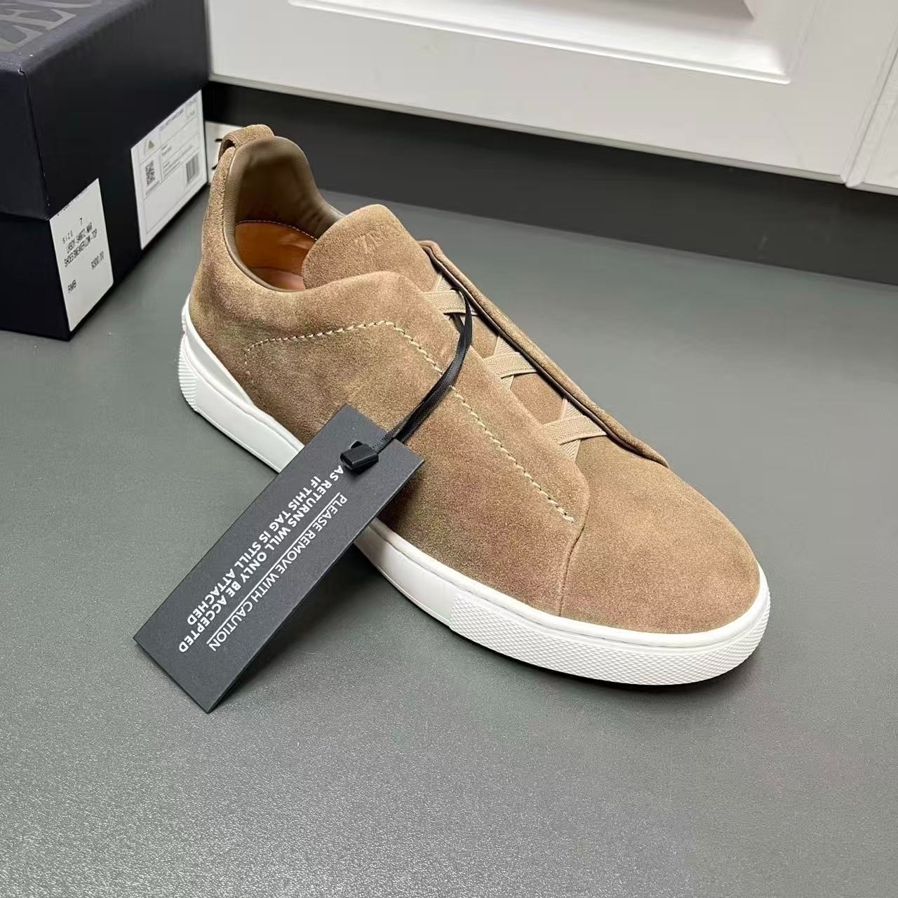 ZEGNA Triple Stitch Men’s Brown Suede Slip-On Sneakers White Sole Size 6-12