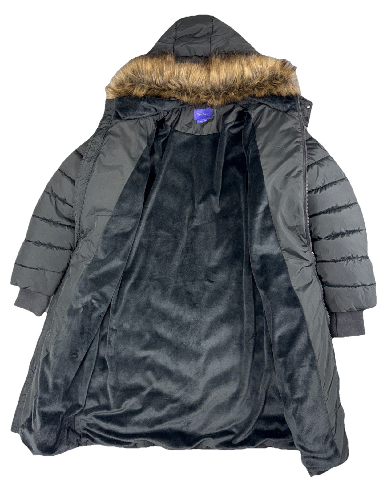 Seraphine Long Maternity Puffer Coat Women Size 6 Black Hooded Faux Fur Trim