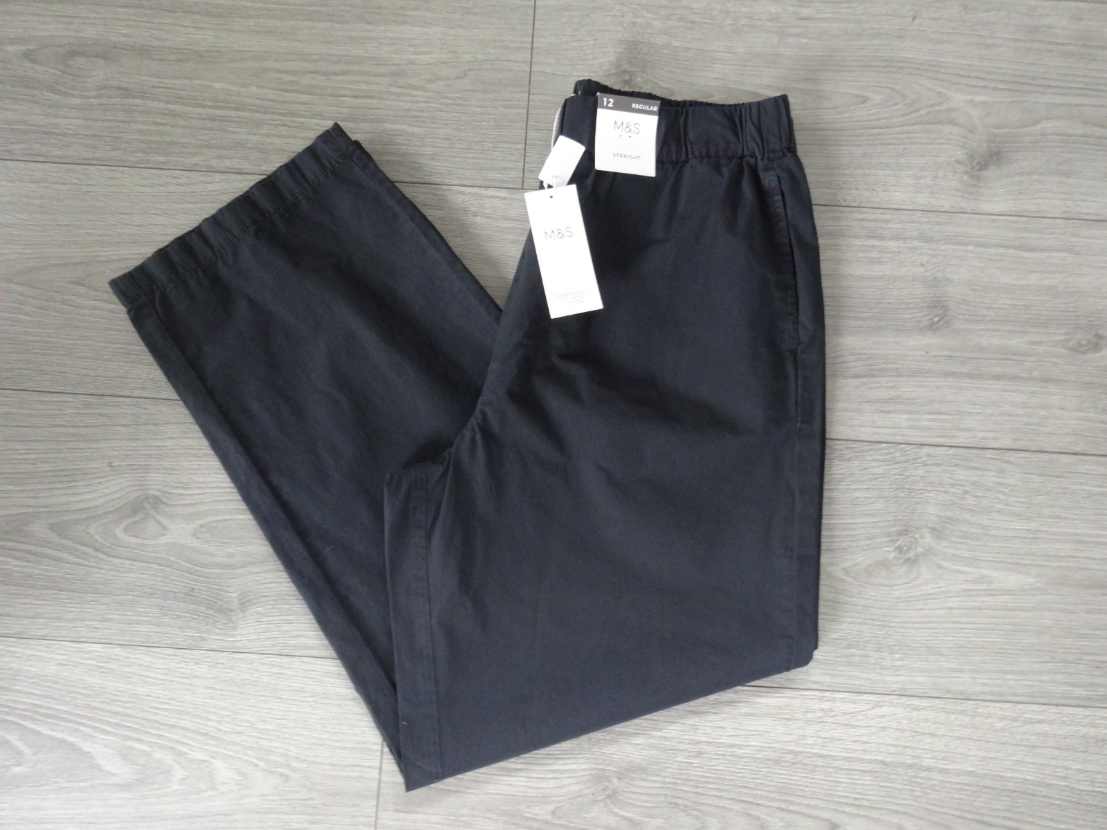 M&S MARKS & SPENCER BLACK COTTON PULL ON STRAIGHT TROUSERS UK SIZE 12 REG