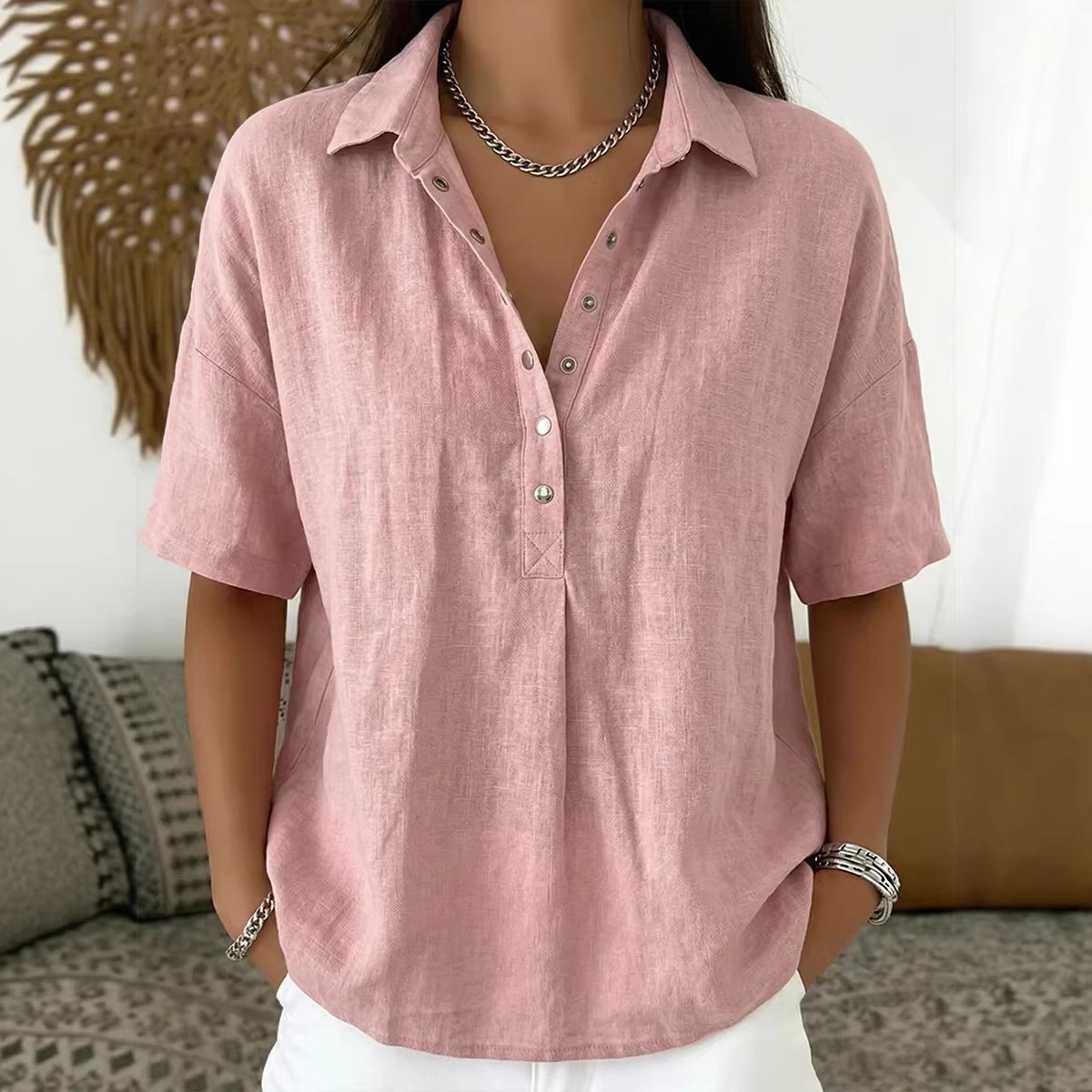 Summer Short-sleeved Shirt Button Pullover Top Fashion Casual Women’s Clothing
