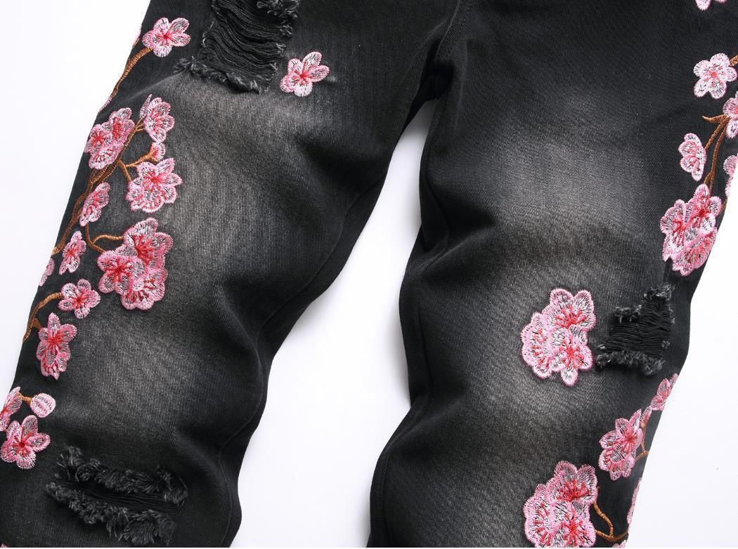 Men’s Black Denim Jeans Straight Leg Casual Pants Floral Embroidery Punk Hip Hop