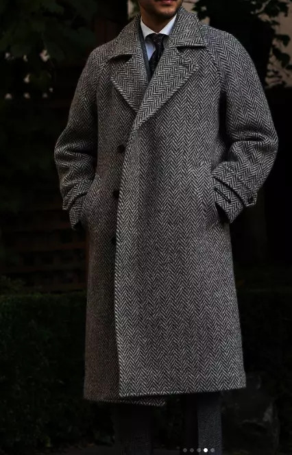 Herringbone Men’s Long Overcoat Tweed Formal Business Double Breasted Men Jacket