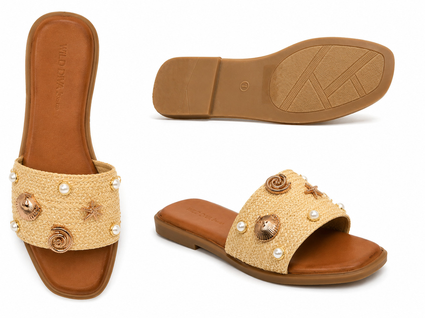Women’s Beach Slide Pearl Shell Starfish Woven Summer Flat Slip On Shoes.