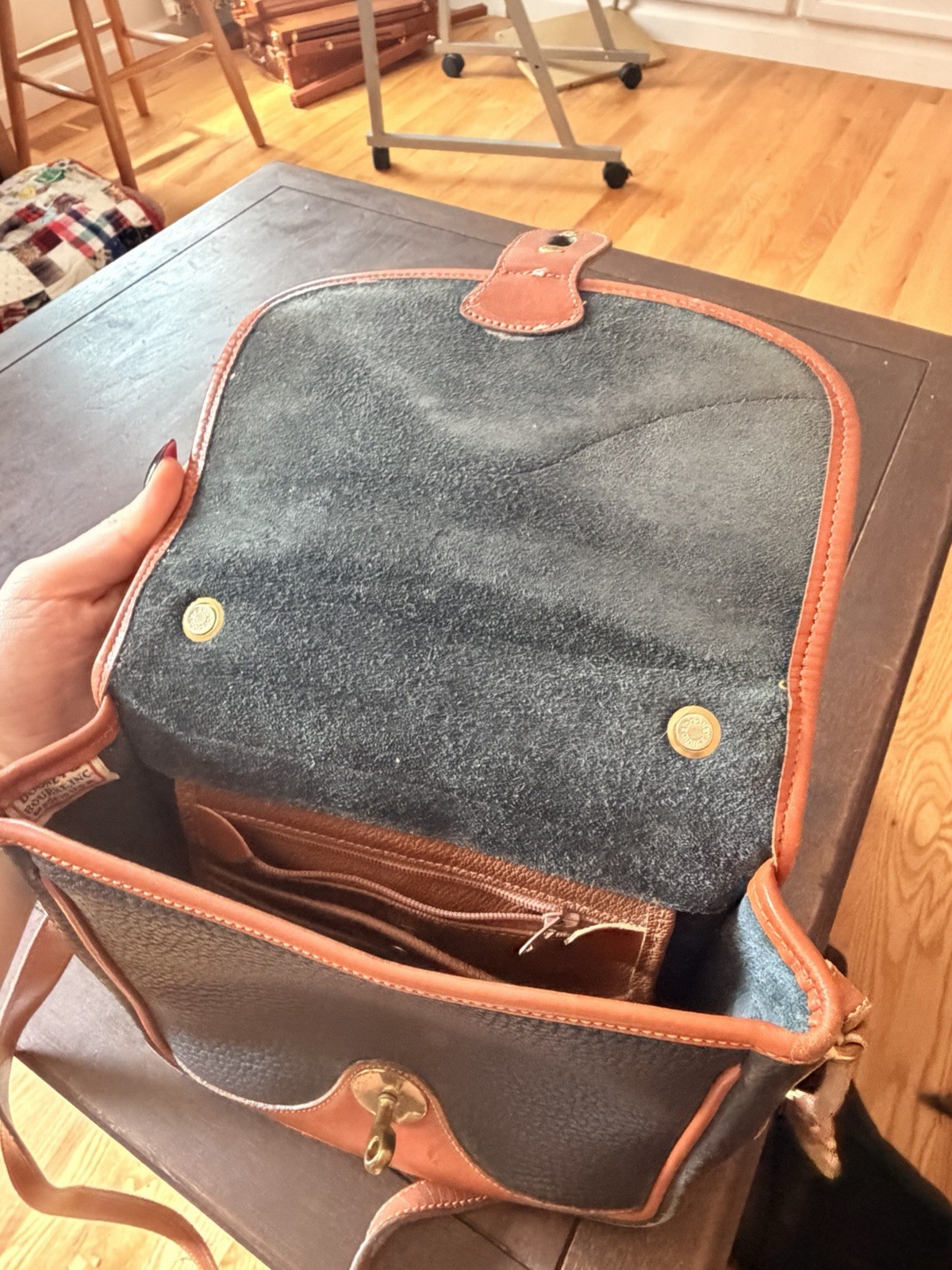 Dooney & Bourke Navy/Brown Crossbody Bag Turn Lock Zip Adjustable Strap