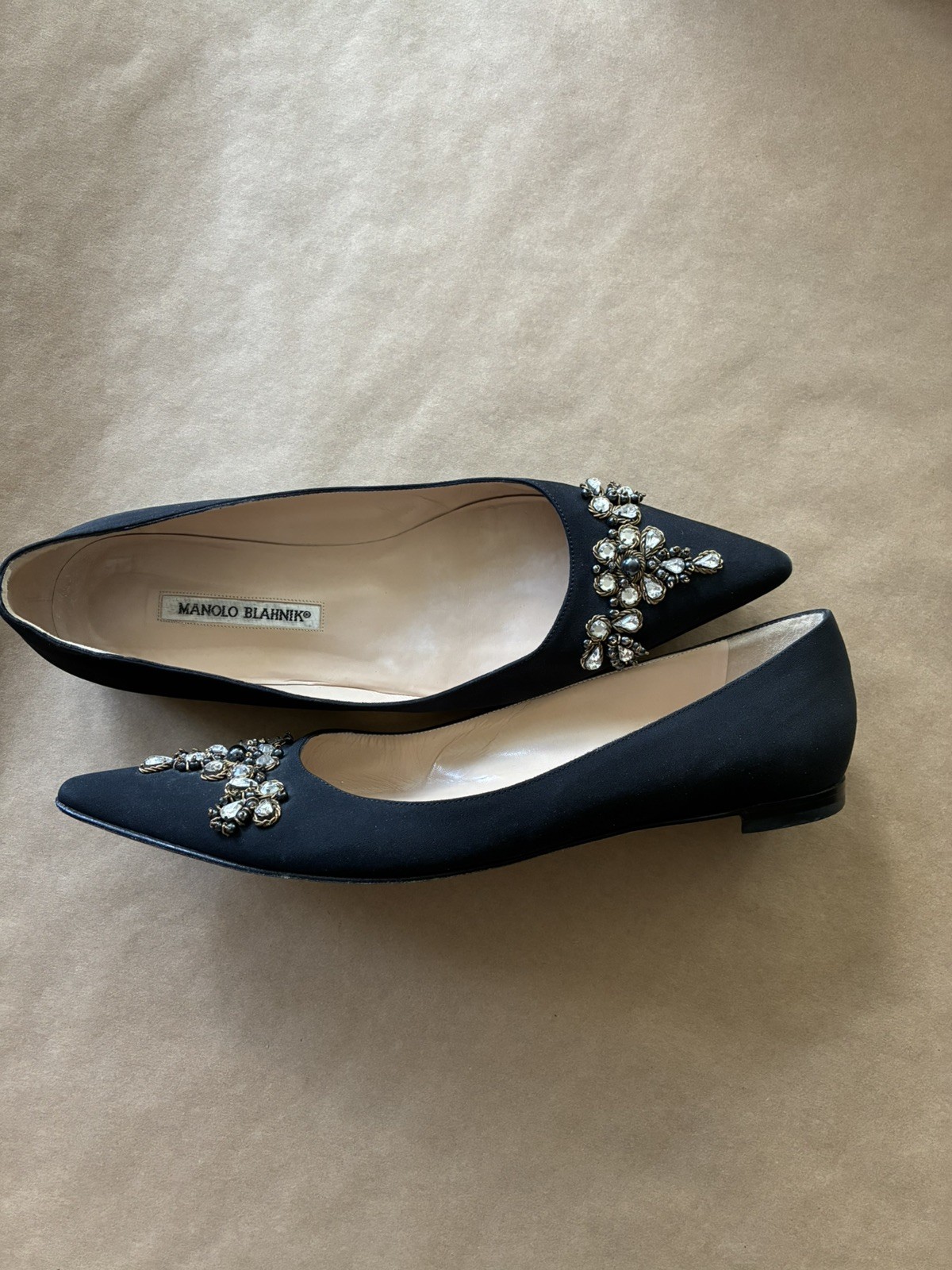 Manolo Blahnik Hangisi Size 42 Black Satin Crystal Embellished Ballet Flats