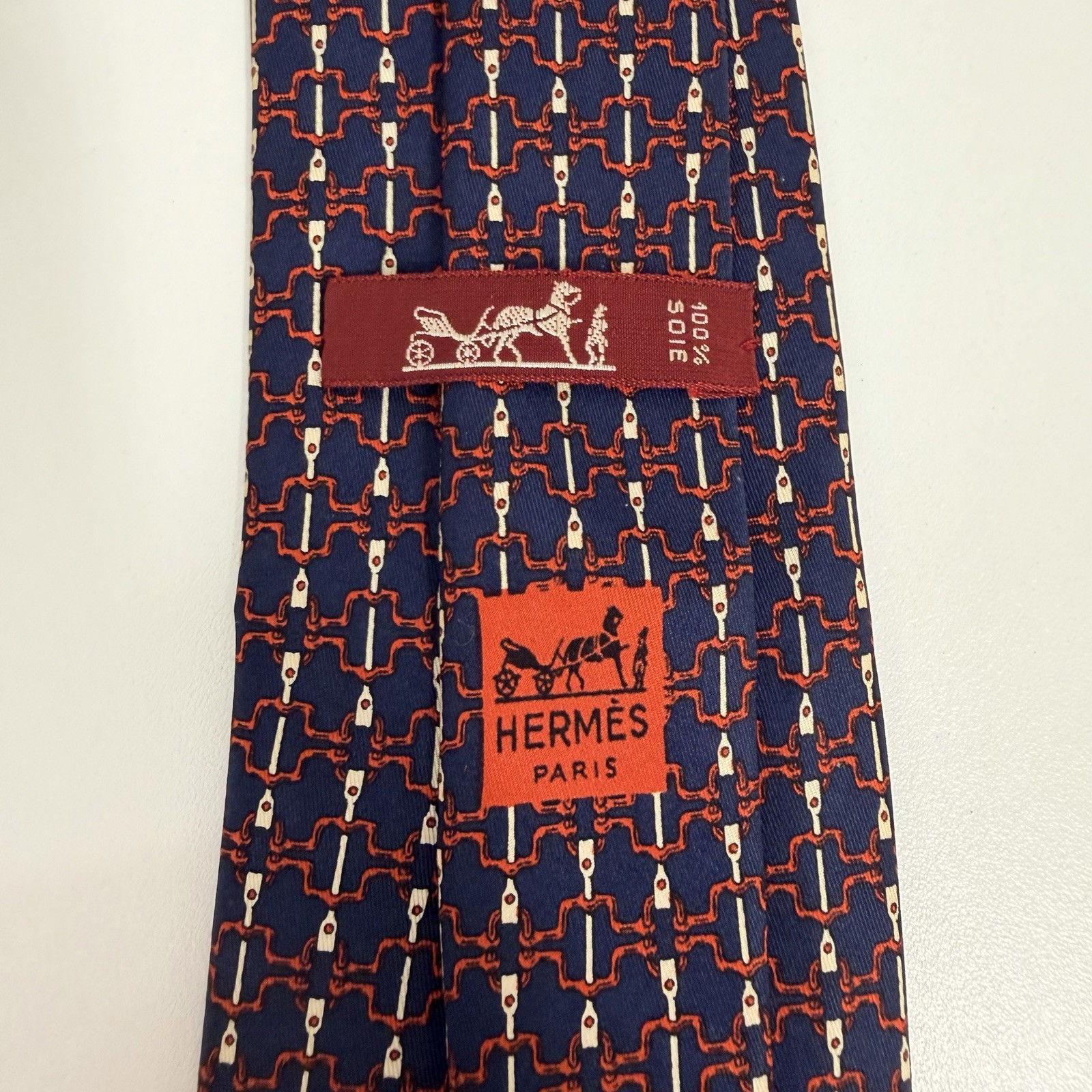 Hermes Men’s Tie Chain Links Navy/Red/Khaki Silk 703 OA 3 1/8″ (W) x 55″ (L) euc