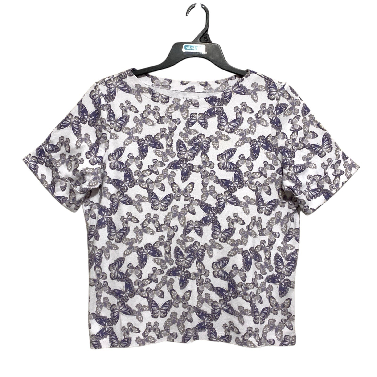 Hasting & Smith Top Women’s Large White Purple Butterflies Short Cuffed Sleeves