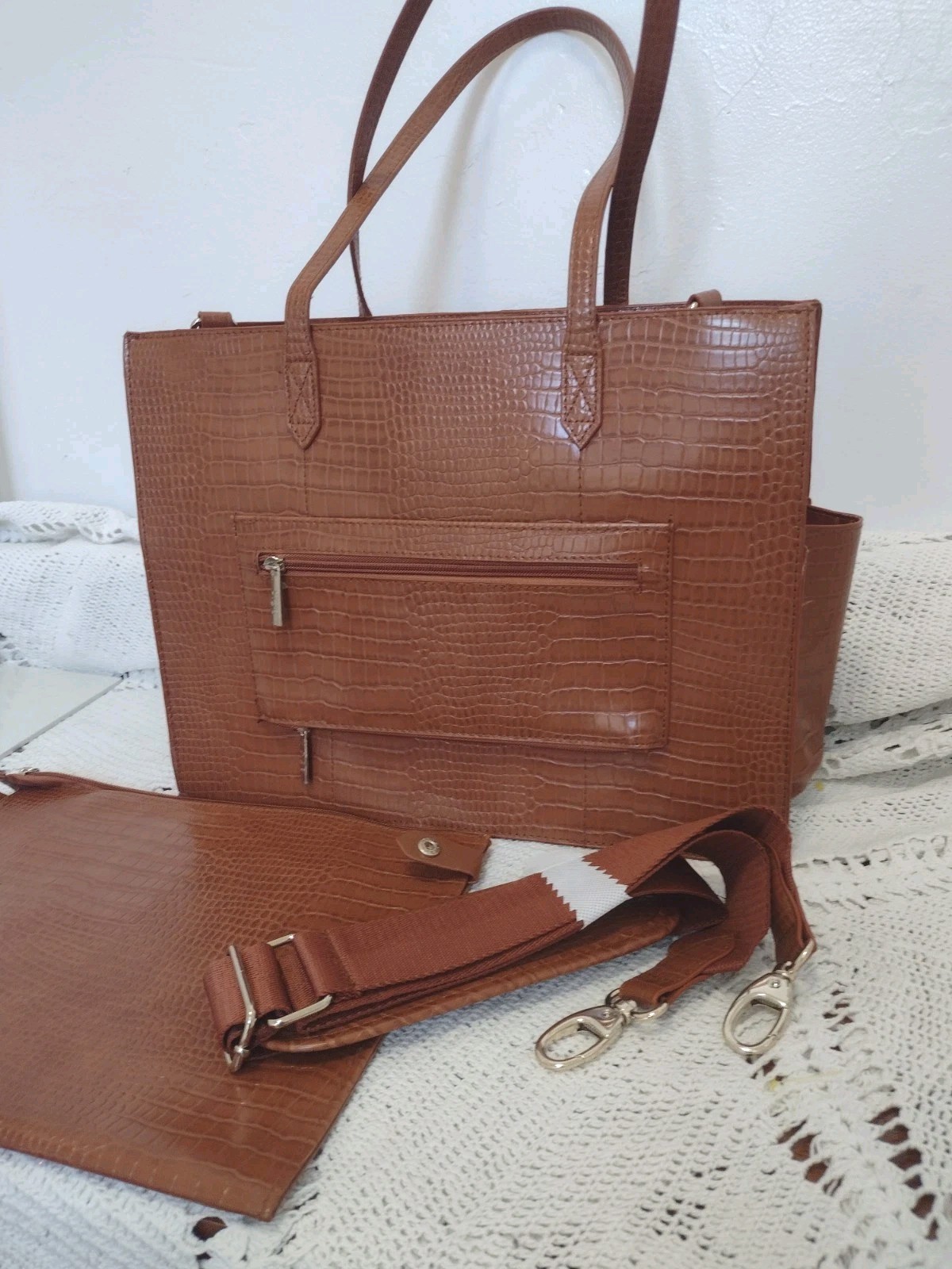 Beis Croc Embossed Vegan Work Tote Brown Retired Model NWD Defects Laptop