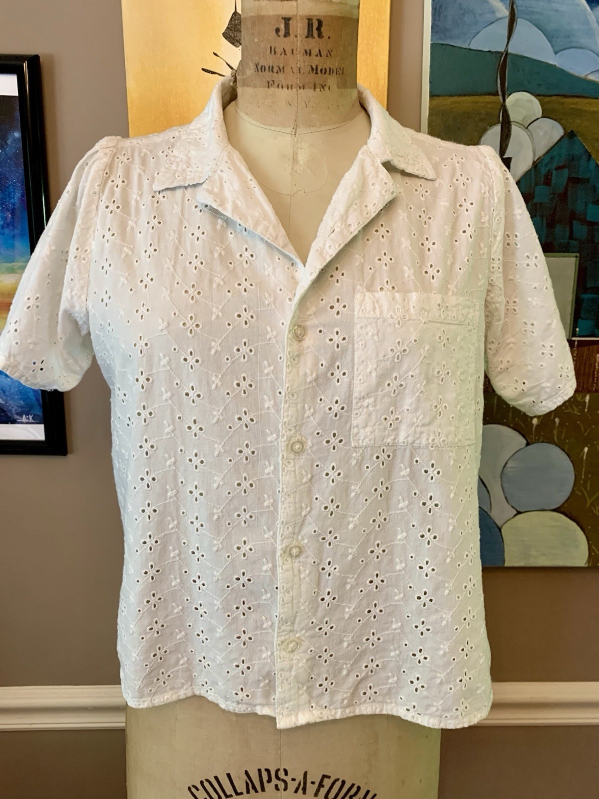 Maisie White Eyelet Lace Button Down Camp Shirt Blouse Size S
