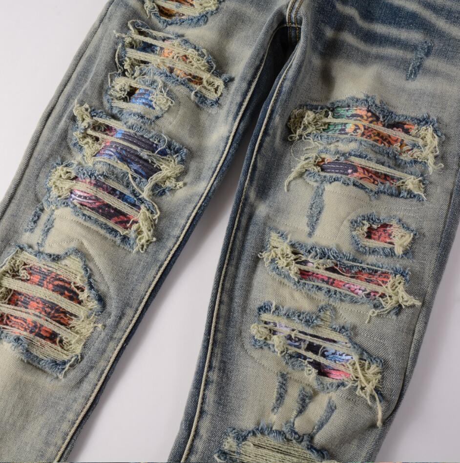 Men’s Retro Blue Denim Jeans Stretch Ripped Casual Punk Hip Hop Ripped Pants New
