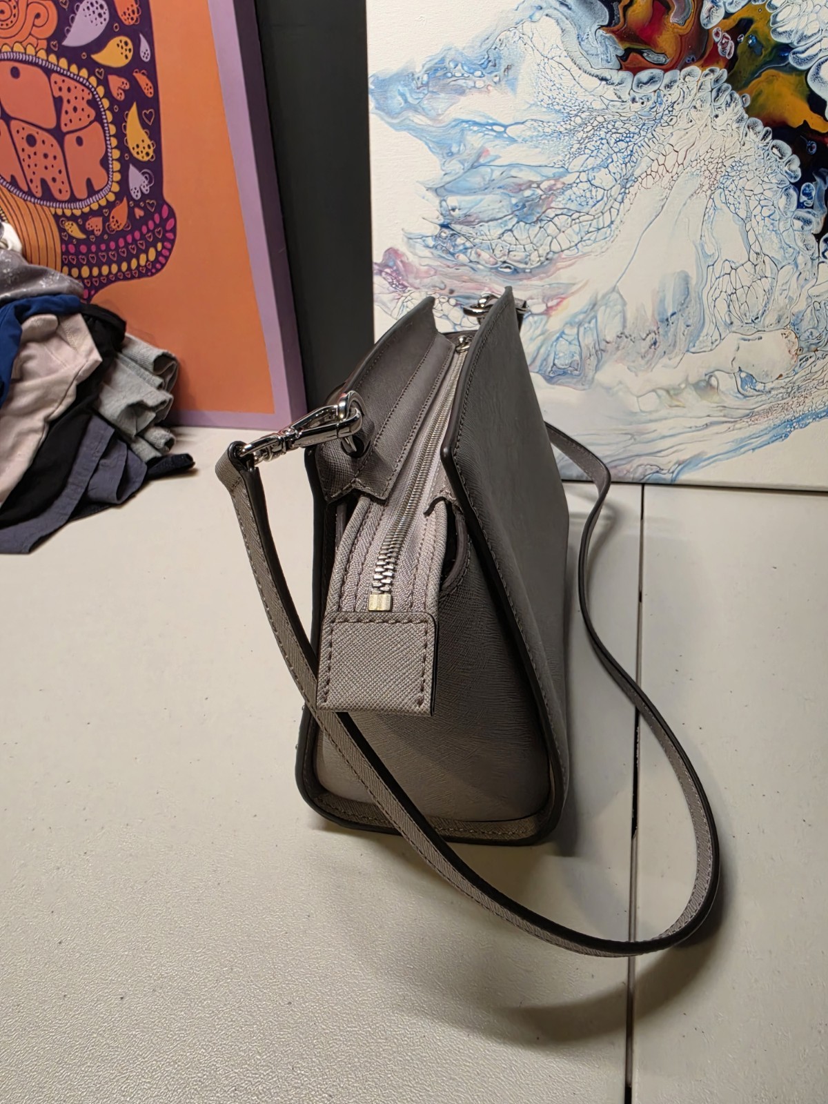Michael Kors Studded Crossbody Bag Gray Zip Closure Silver Hardware Pockets