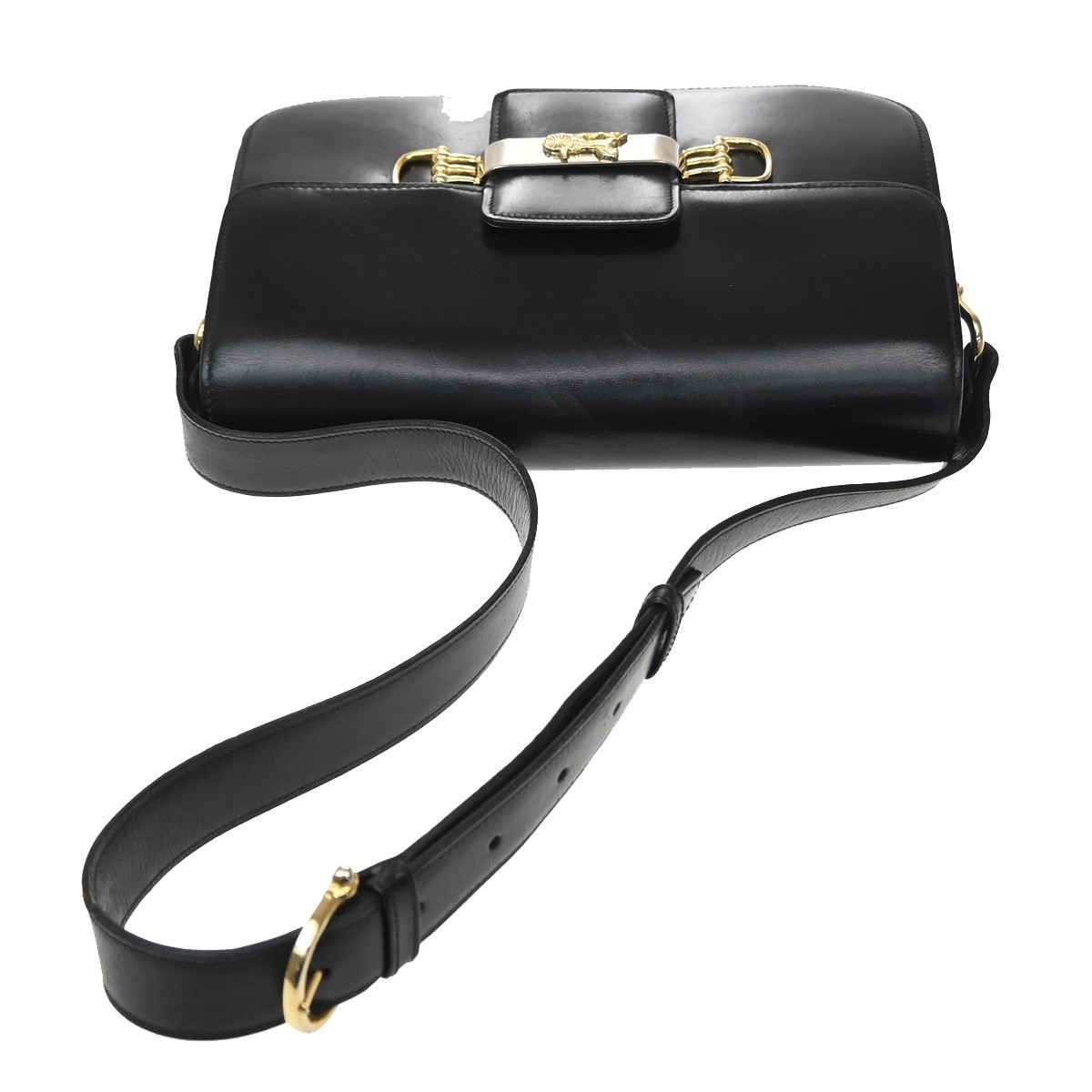 CELINE PARIS Logo Horse Carriage Shoulder Bag Leather Black Gold Italy 38KD451