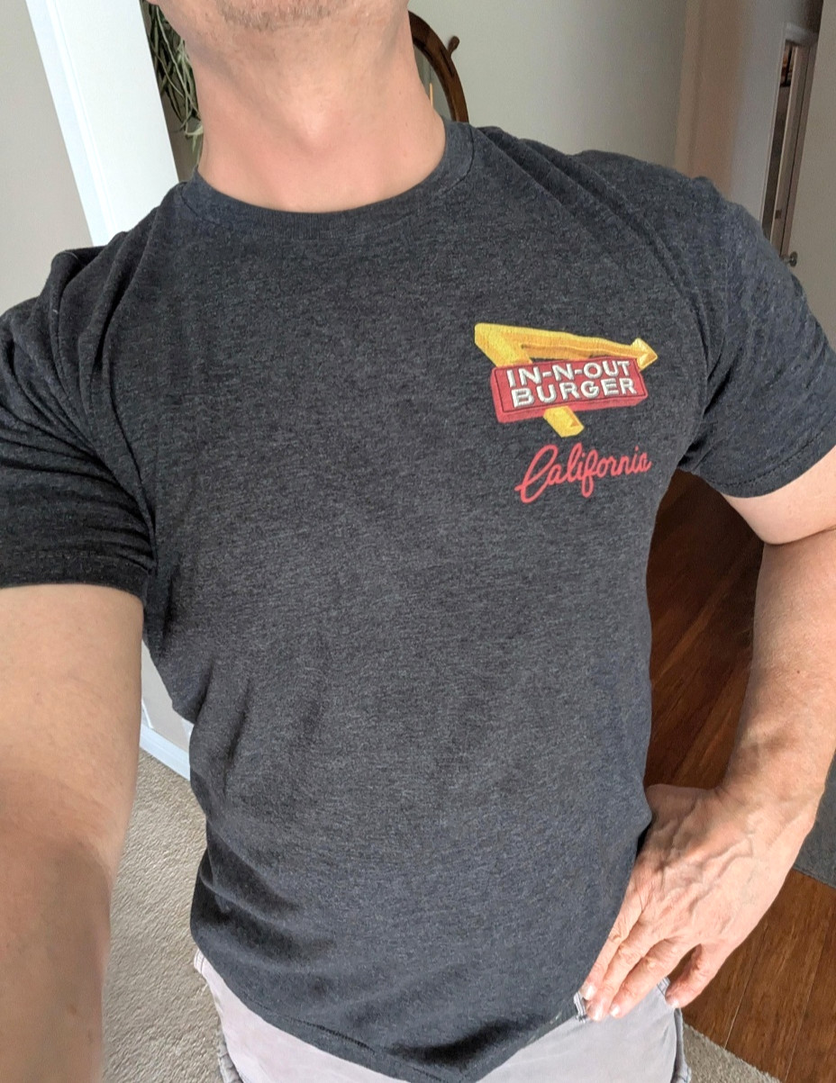 MEN’S TSHIRT: In N Out Burger California Beach Sunset Palm Trees Charcoal LARGE