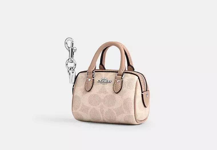 Coach Mini Rowan Bag Charm CX068 Sand Signature Canvas Leather 3.75″x2.5″x2.25″