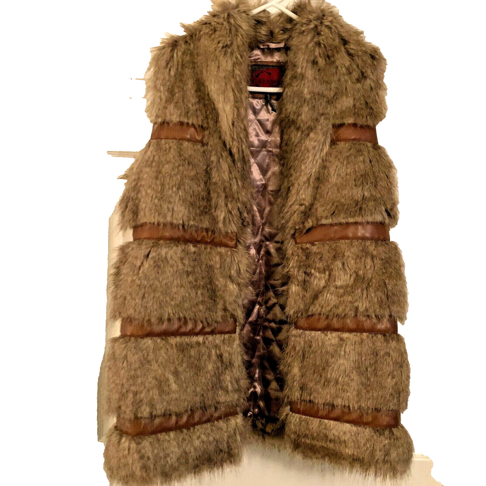 Celsius Premium Faux Fur Long Vest with Faux Leather Trim Medium Groovy BOHO GUC