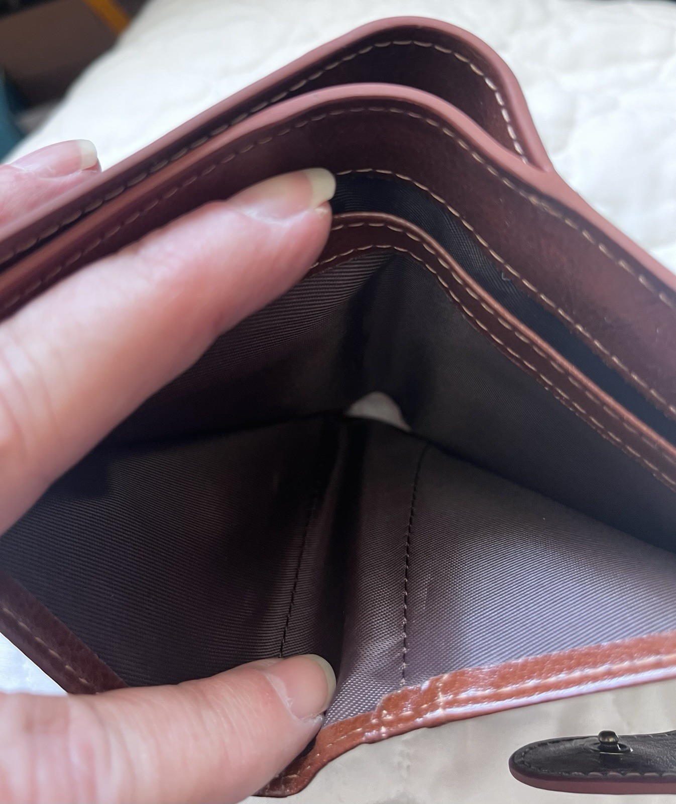 Blucoay brown folding wallet, flower button accent, zippered coin pocket, women