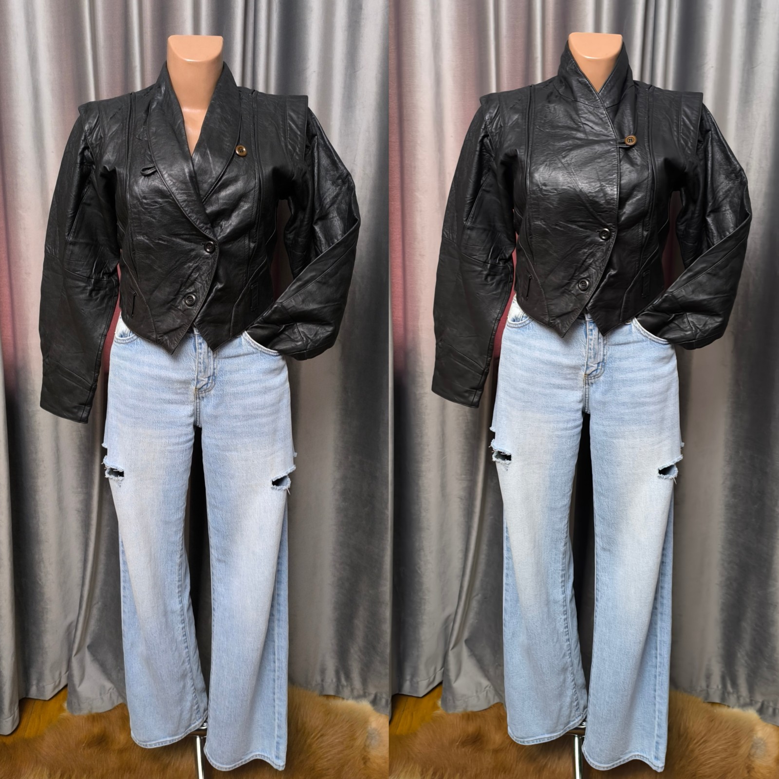 Vintage Black Genuine Leather Cropped Jacket Women’s S 80s Shoulder Pad Blazer