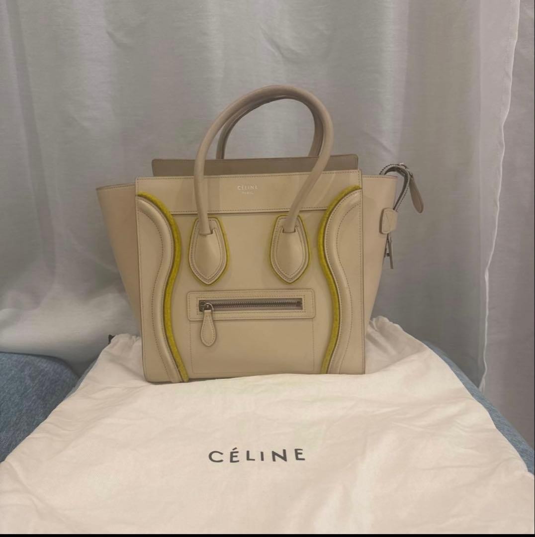 Celine Luggage Handbag Beige Yellow Leather Tote Bag Purse with Dust Bag Used
