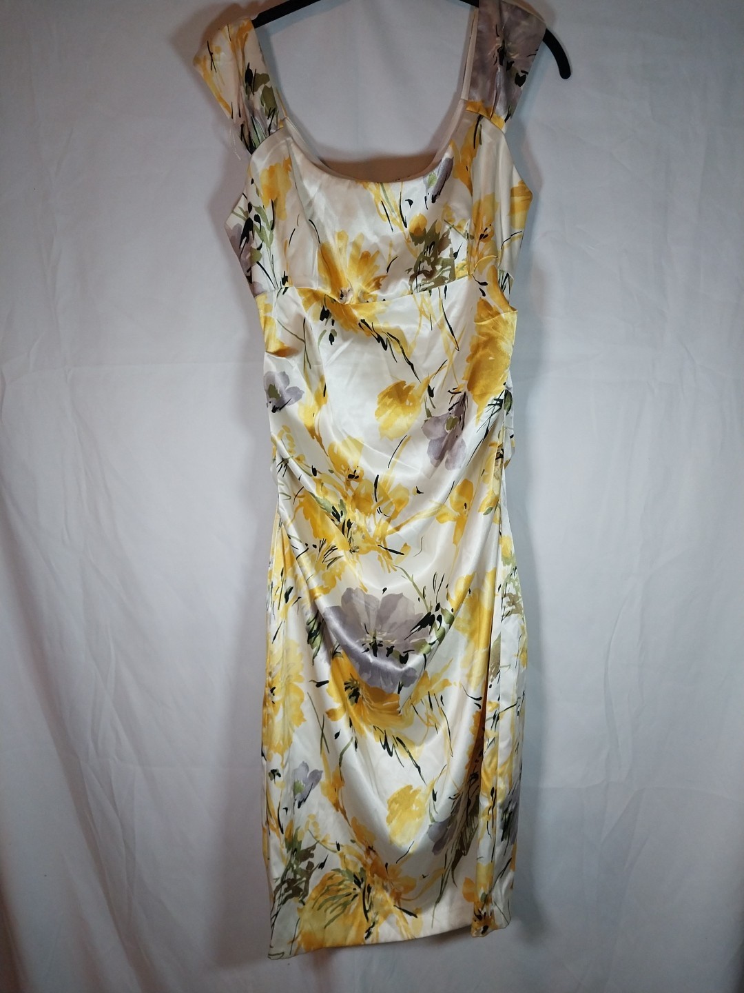 London Times Women’s Stretch Satin Floral Dress Size 10 Yellow Gray Flowers