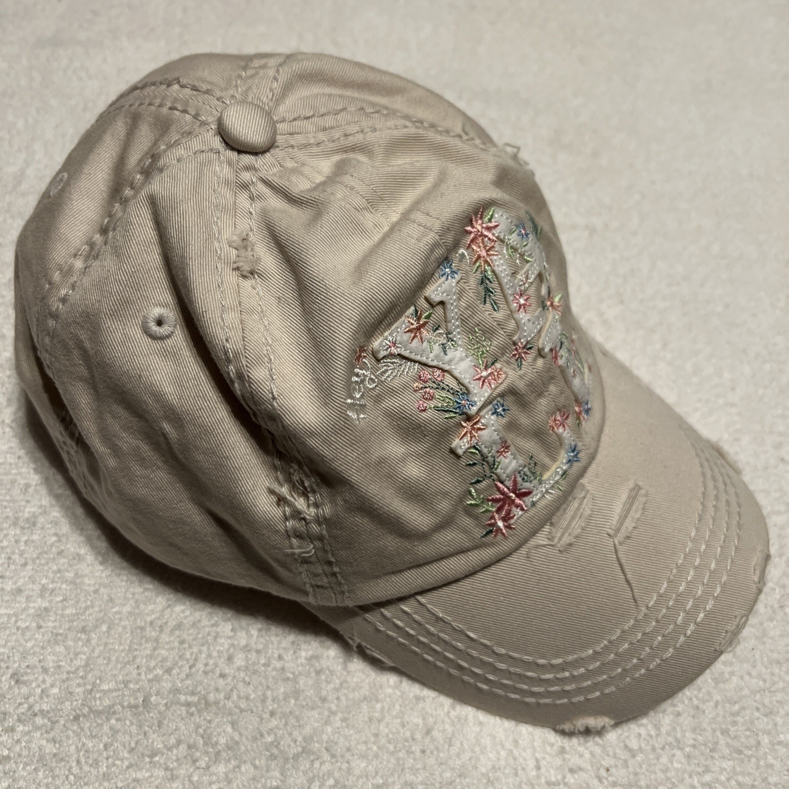 Kbethos VIntage Hey Yall Hat Distressed Cap Ball Adjustable Beige Floral Stitch