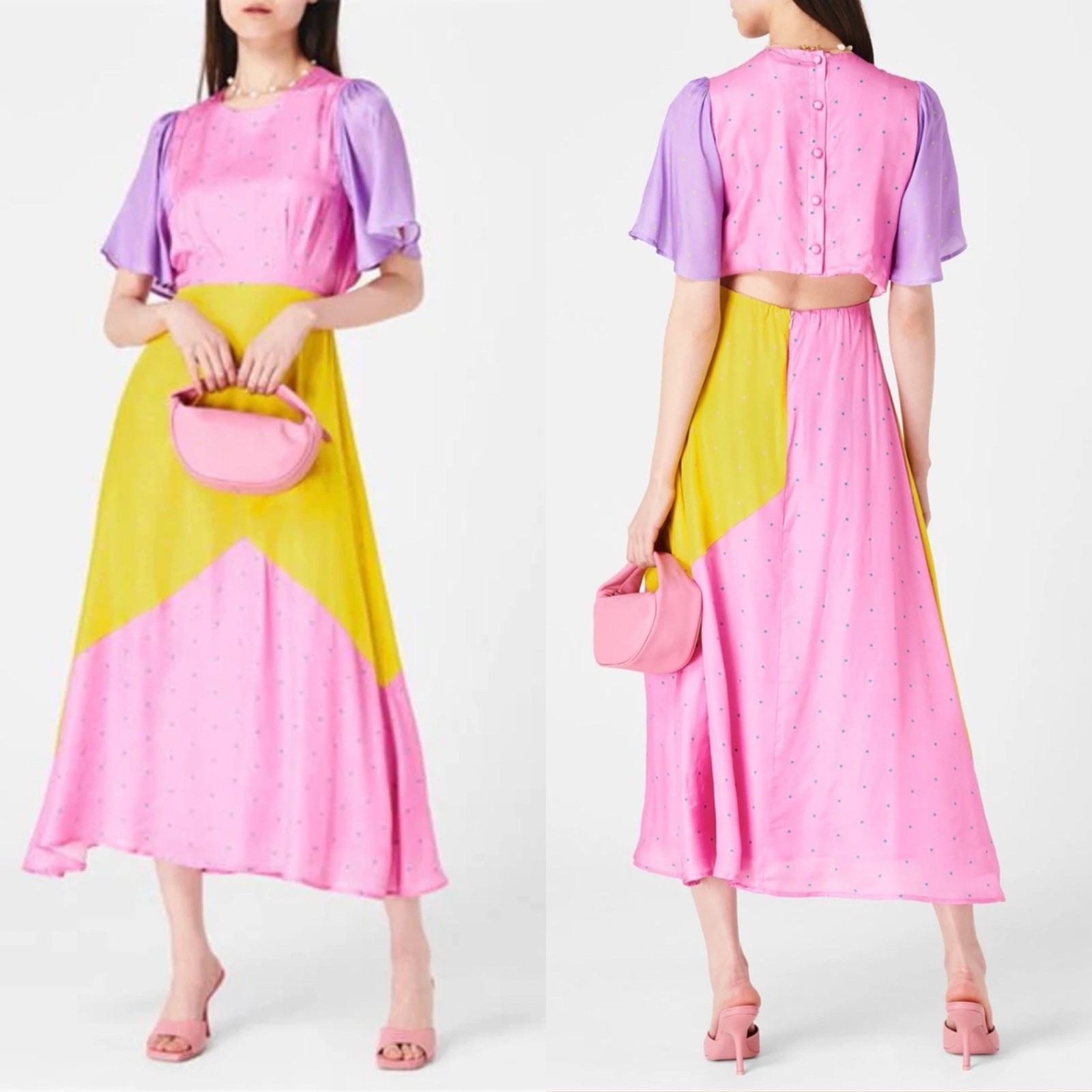 New Olivia Rubin Fleur Polka Dot Silk Mix Satin Print Midi Dress,UK 14