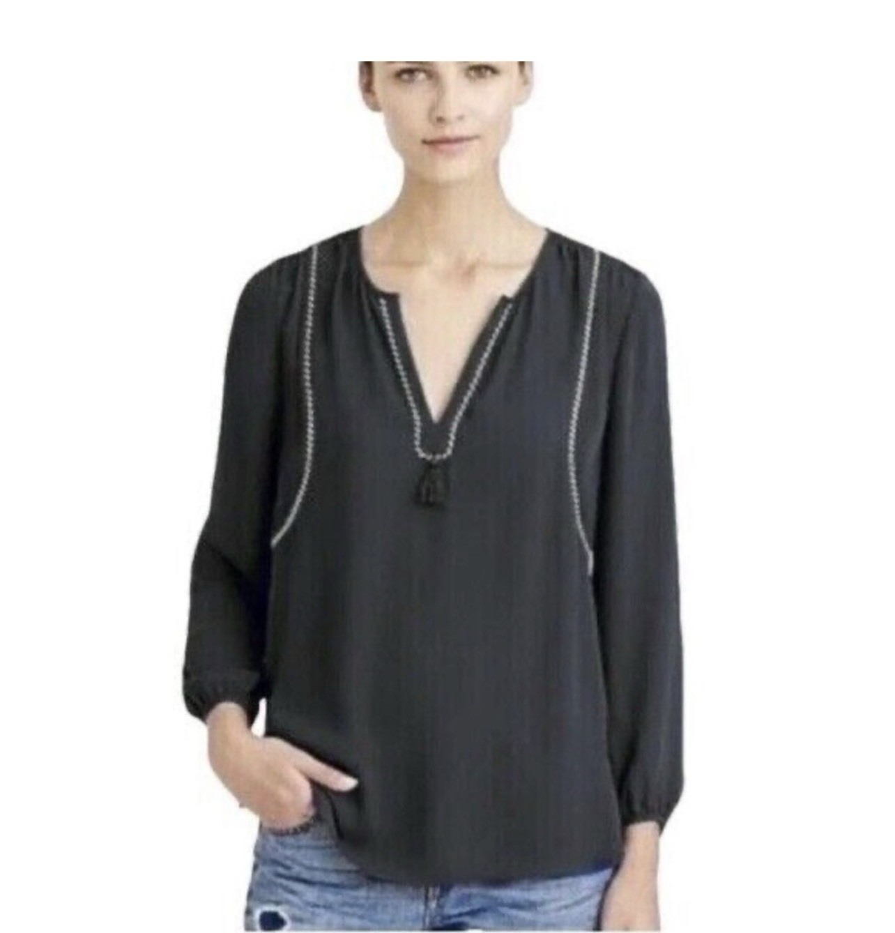 J.Crew Black Boho Blouse Size 10 Tassel Tie Embroidered Peasant Top Coastal Chic