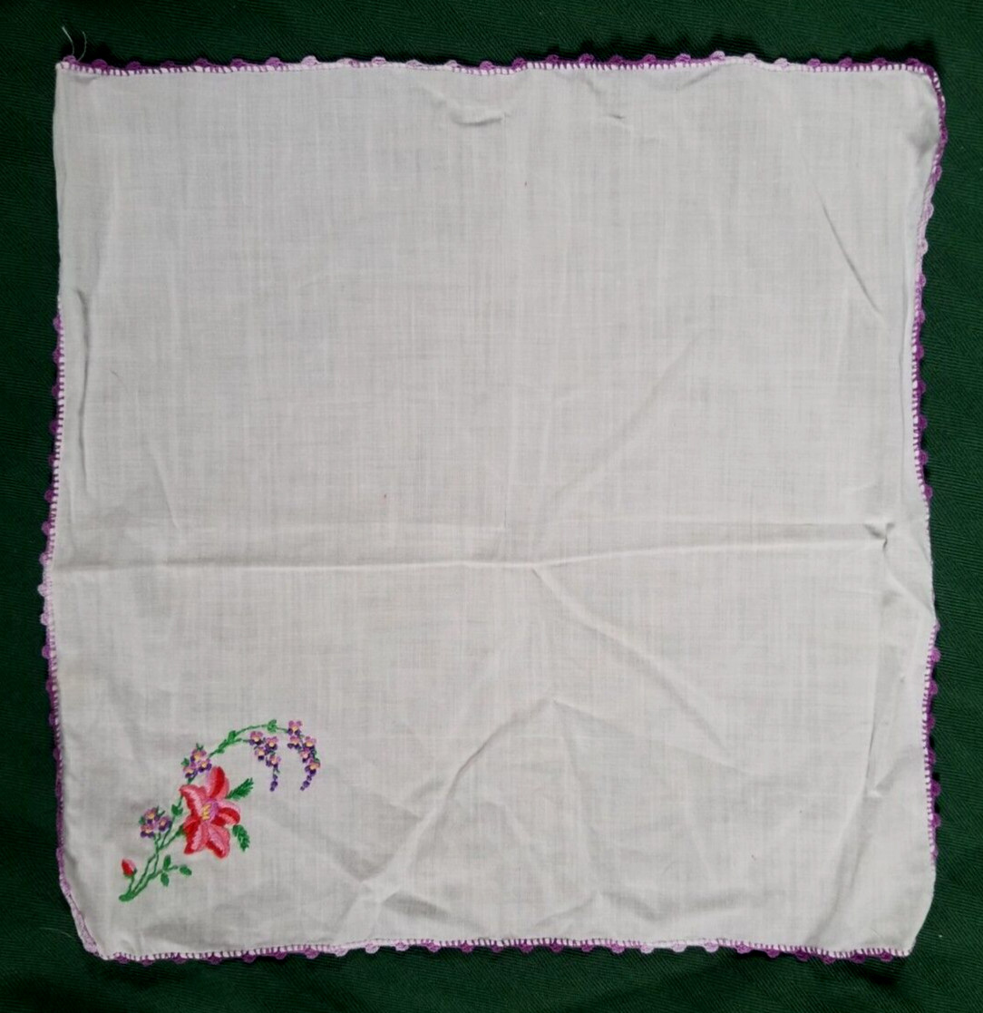 Hand Embroidered Fine Soft Cotton VTH Handkerchief Pocket Square Purple Flowers