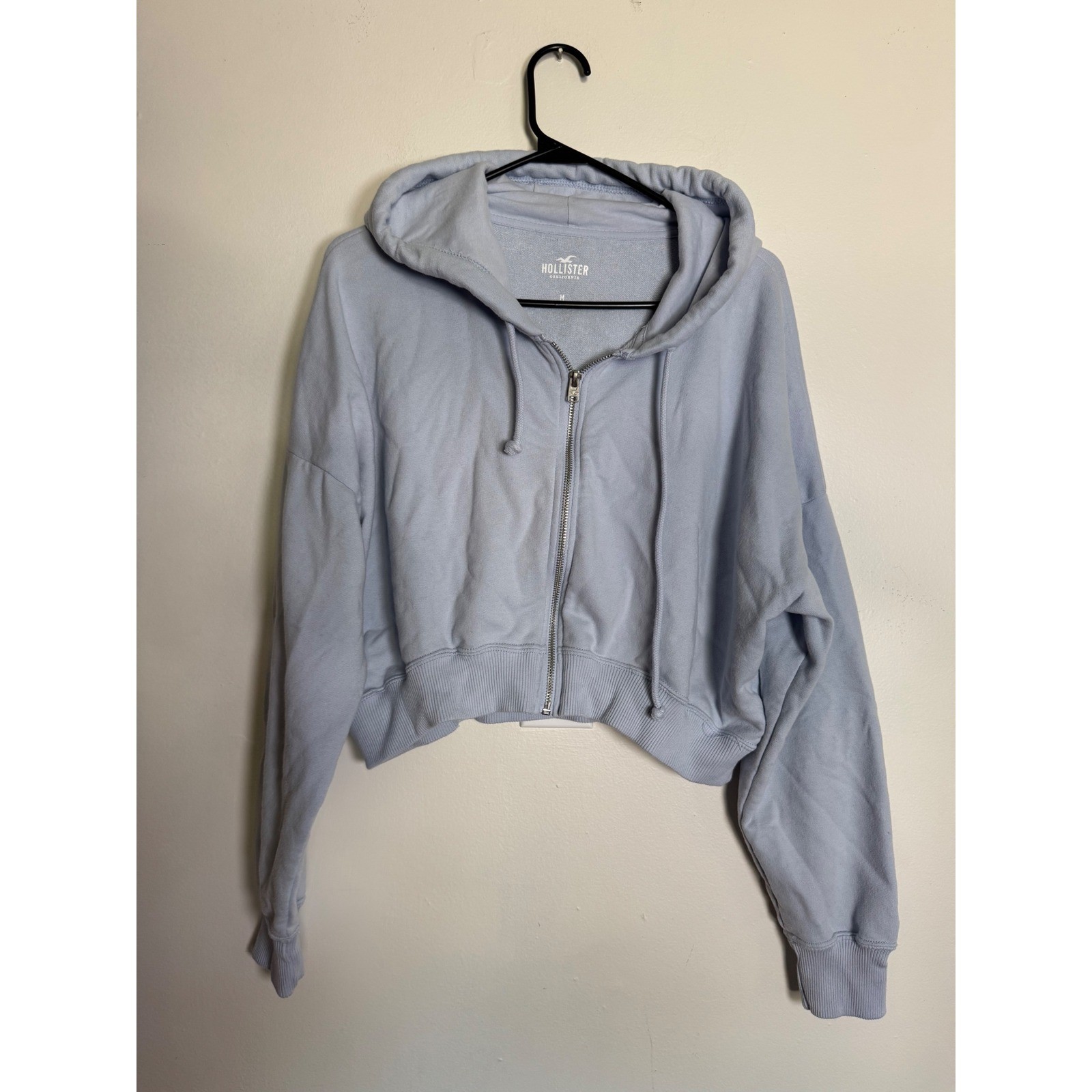 Hollister Y2K Womens Cropped Zip Up Hoodie Light Blue Fleece Sweatshirt Size M