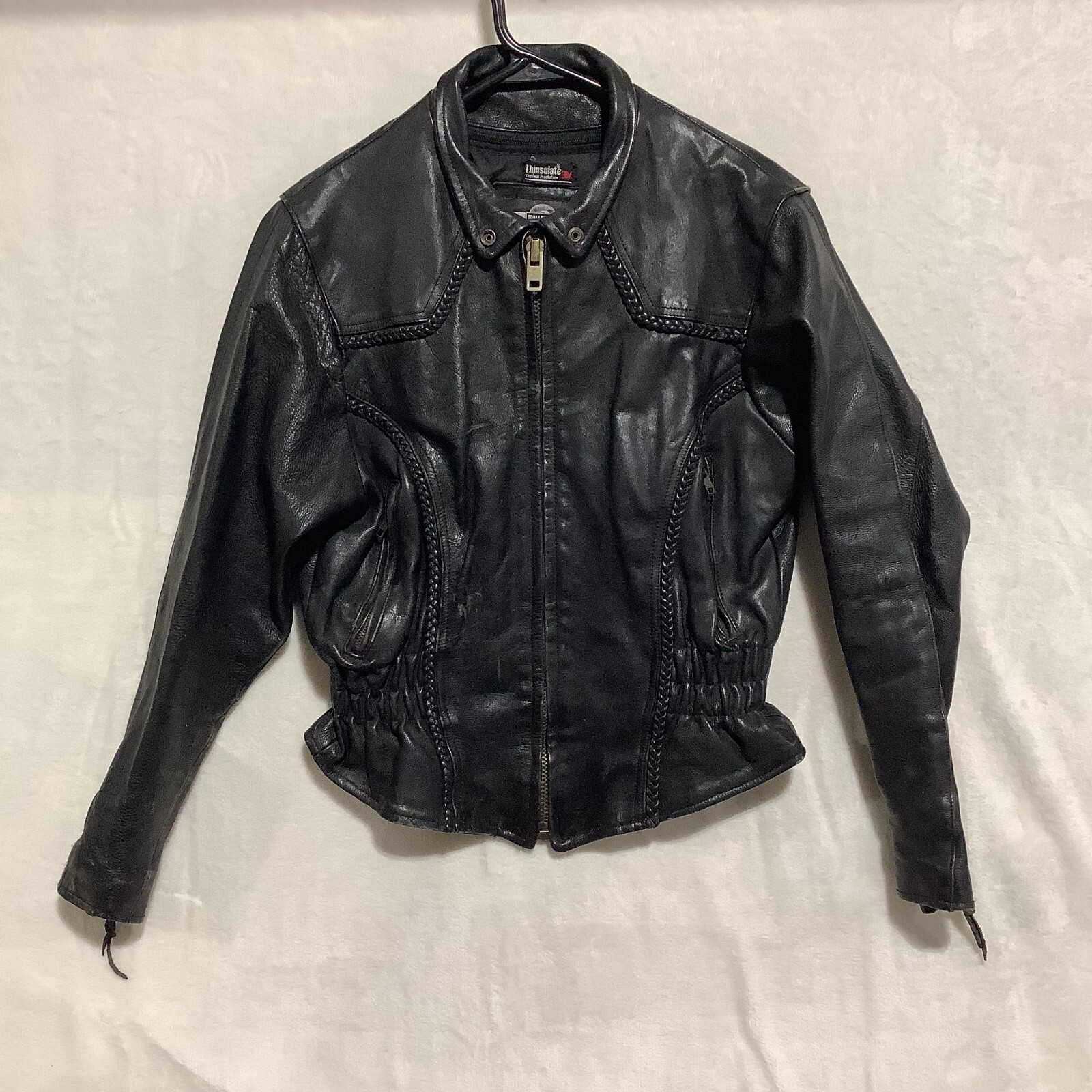 VTG RARE Trim Leather Jacket Braid Thinsulate Heavy Motorcycle Biker Liner 90s L