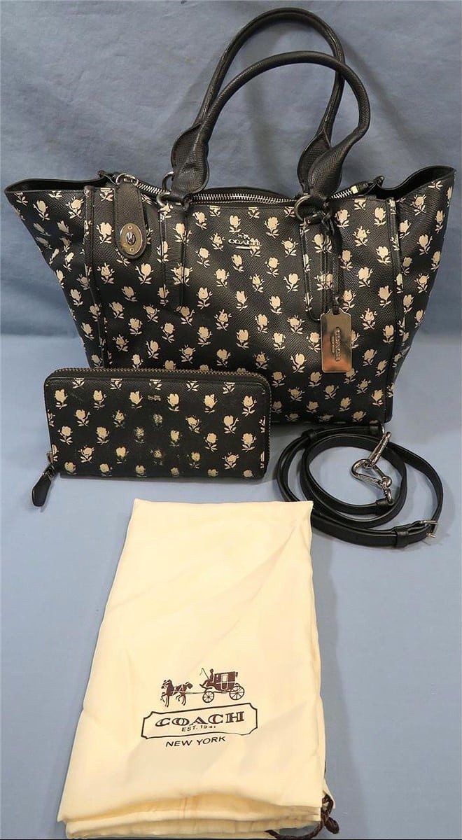 COACH MINI CROSBY CARRYALL BADLANDS LEATHER PURSE BAG W/WALLET BLACK WHITE FLORA