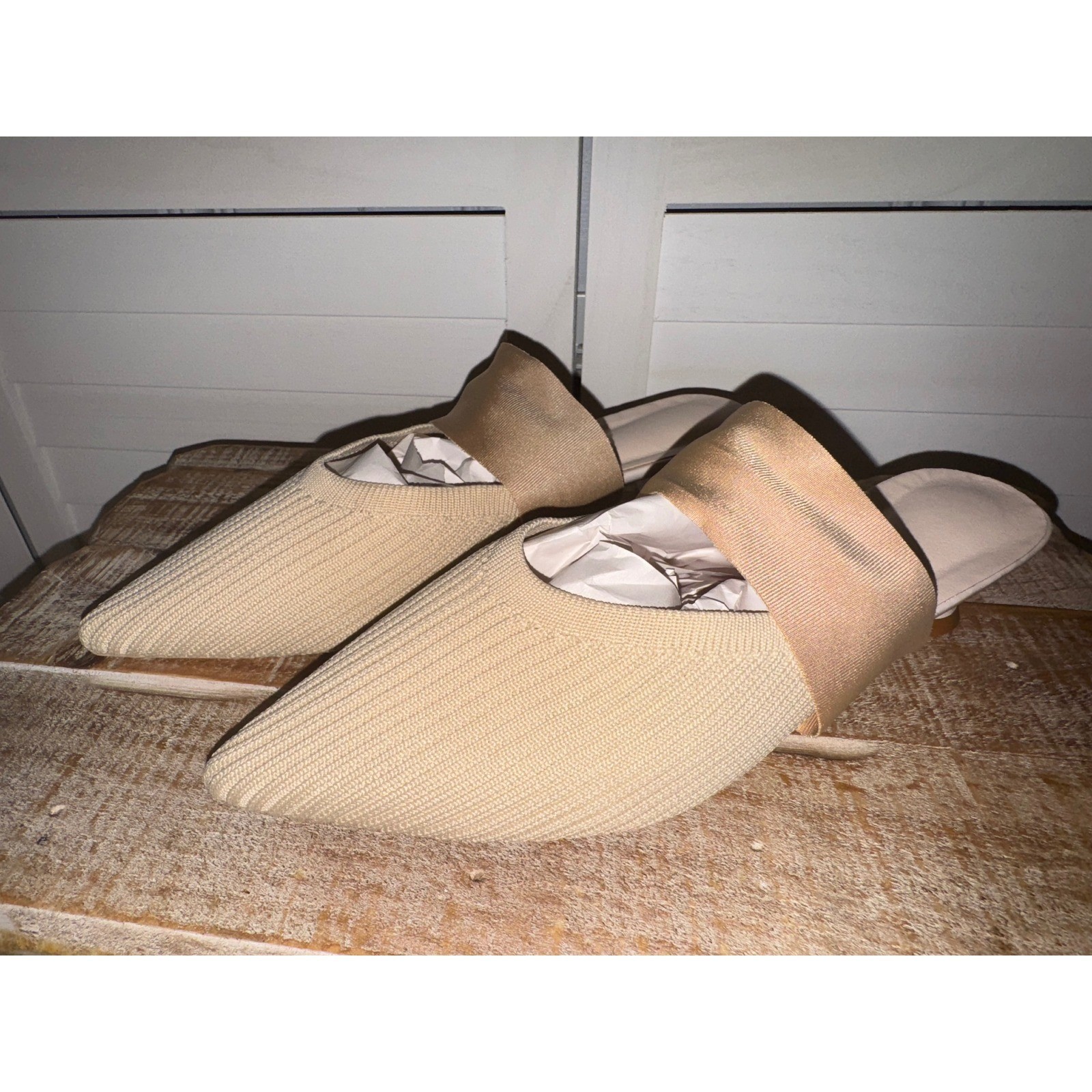 Womens Pointed Toe Knit Mules Heeled Slip On Slides Summer Beige Size 39 (8.5)