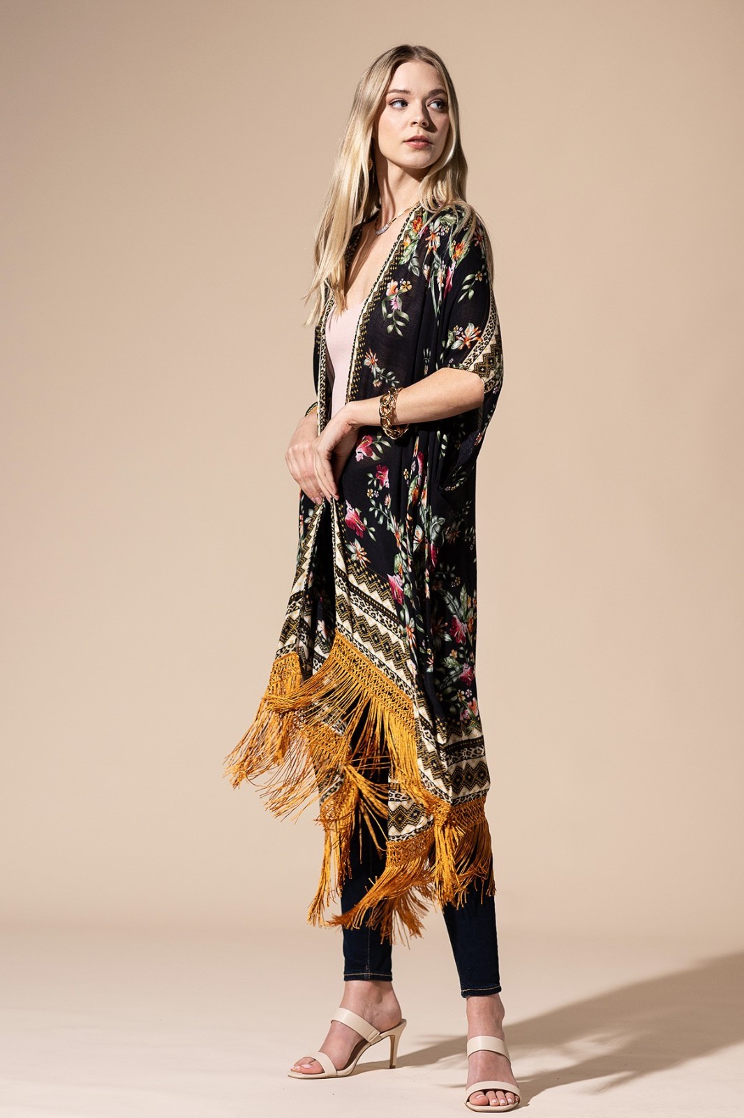 Black Floral Boho Hippie Vintage Kimono Fringe Tassel Cardigan Duster Reg PLUS