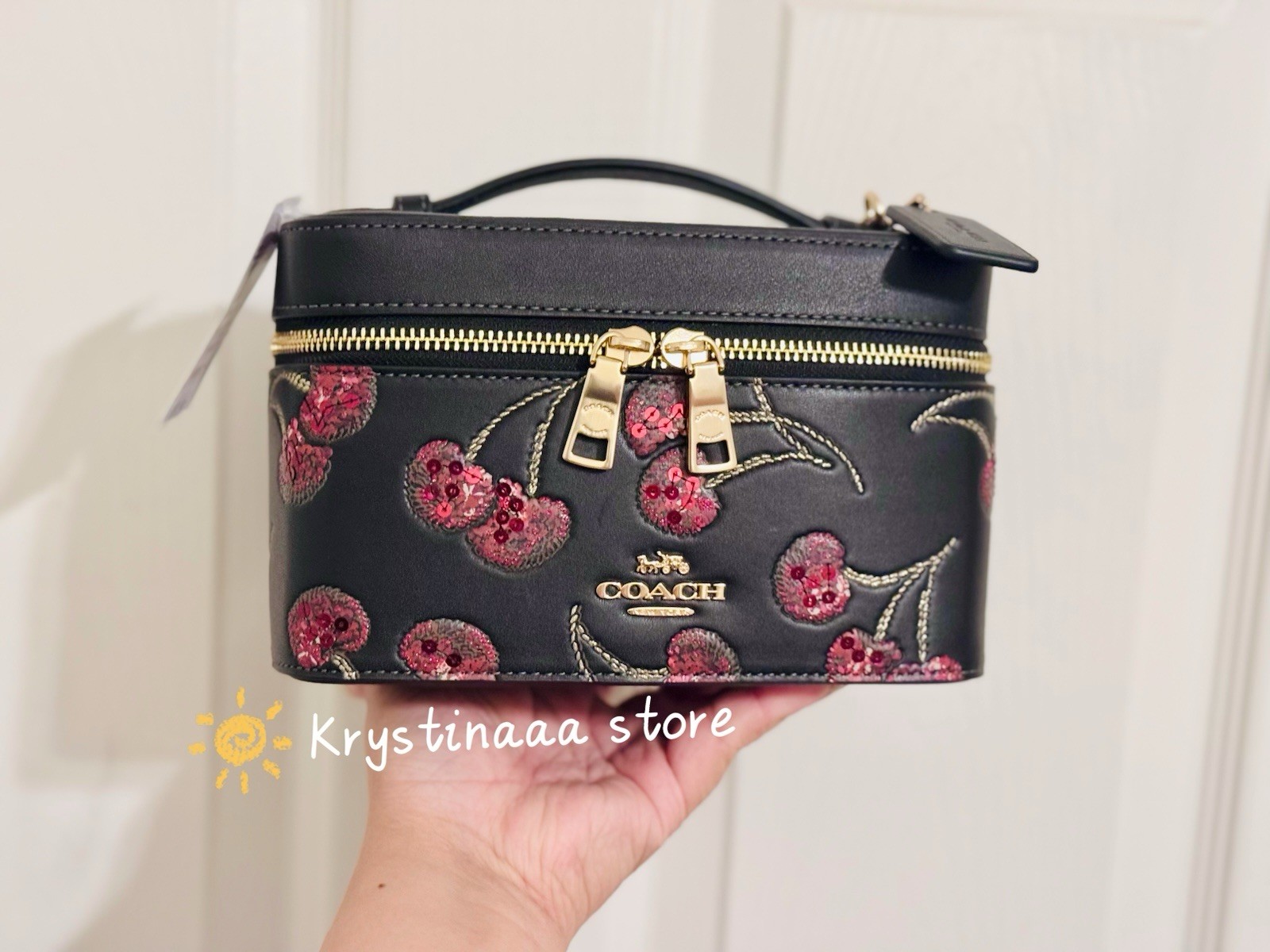 NWT Coach Cosmetic Makeup Case With Cherry Print Black Multi CDC13