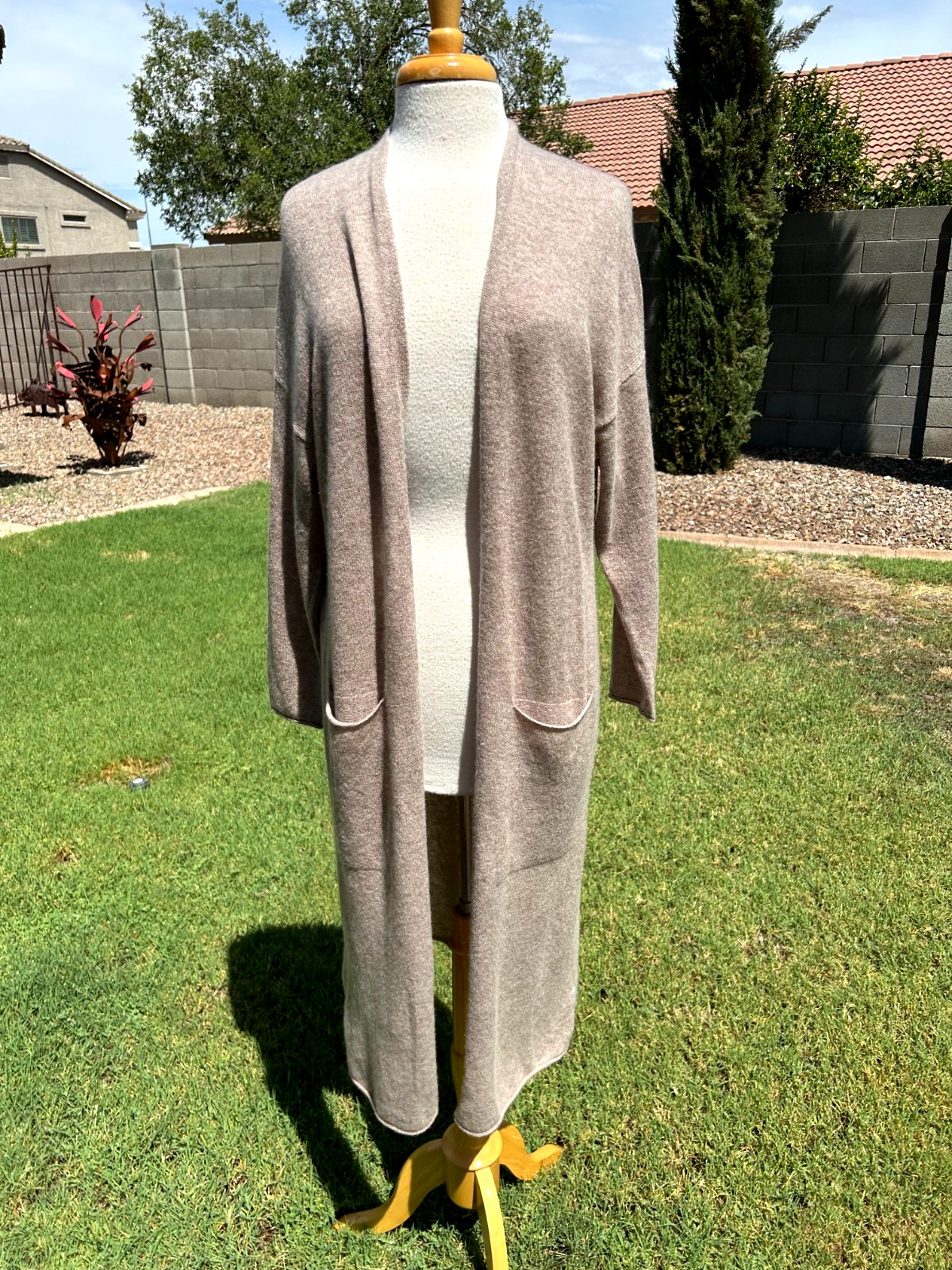 Van Winkle & Co 100% Cashmere Long Open Front Cardigan Robe XL Toast $198 NWT