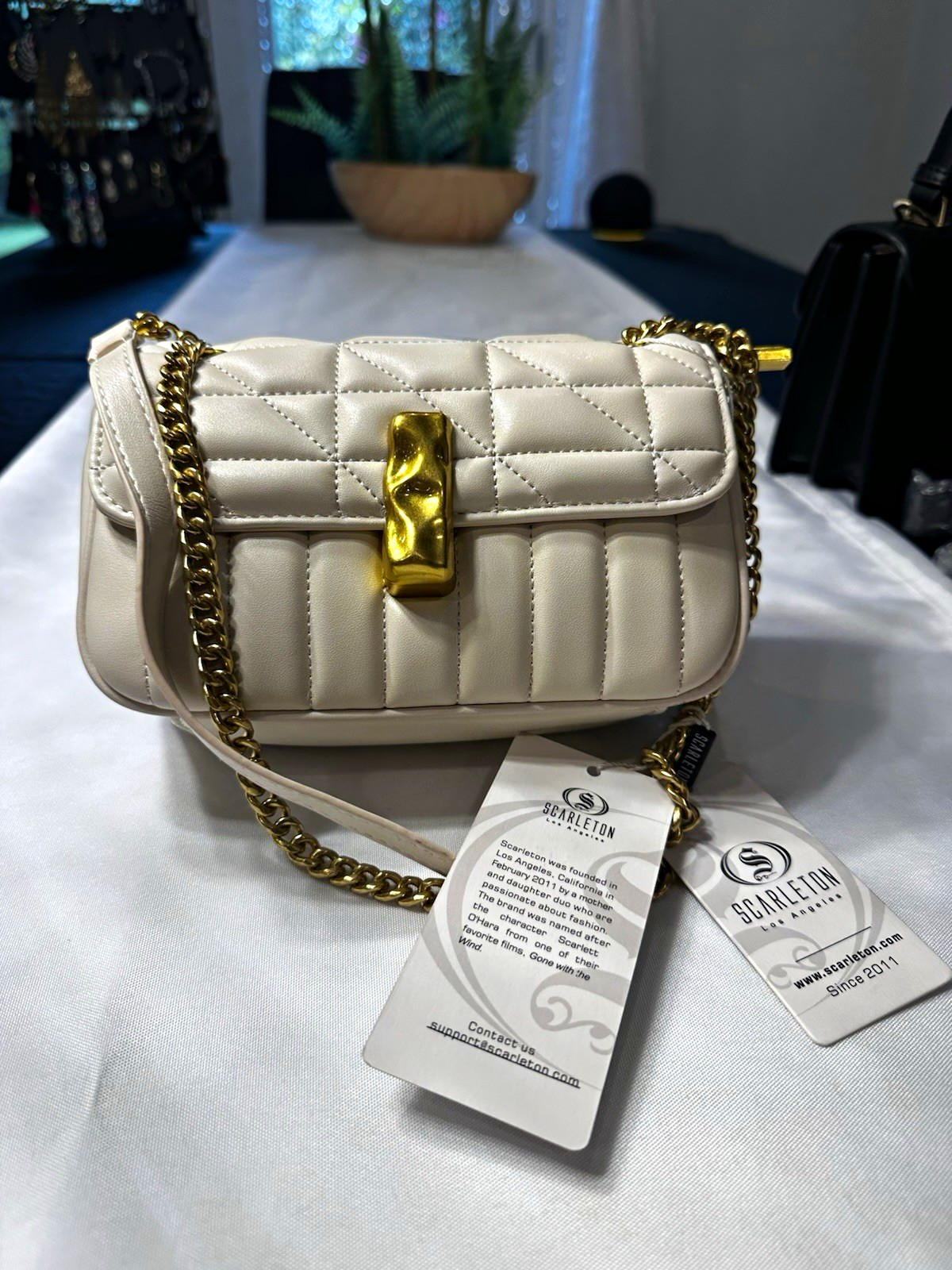 Scarleton Beige Quilted Shoulder Bag, Gold Chain Strap Magnetic Closure Detach