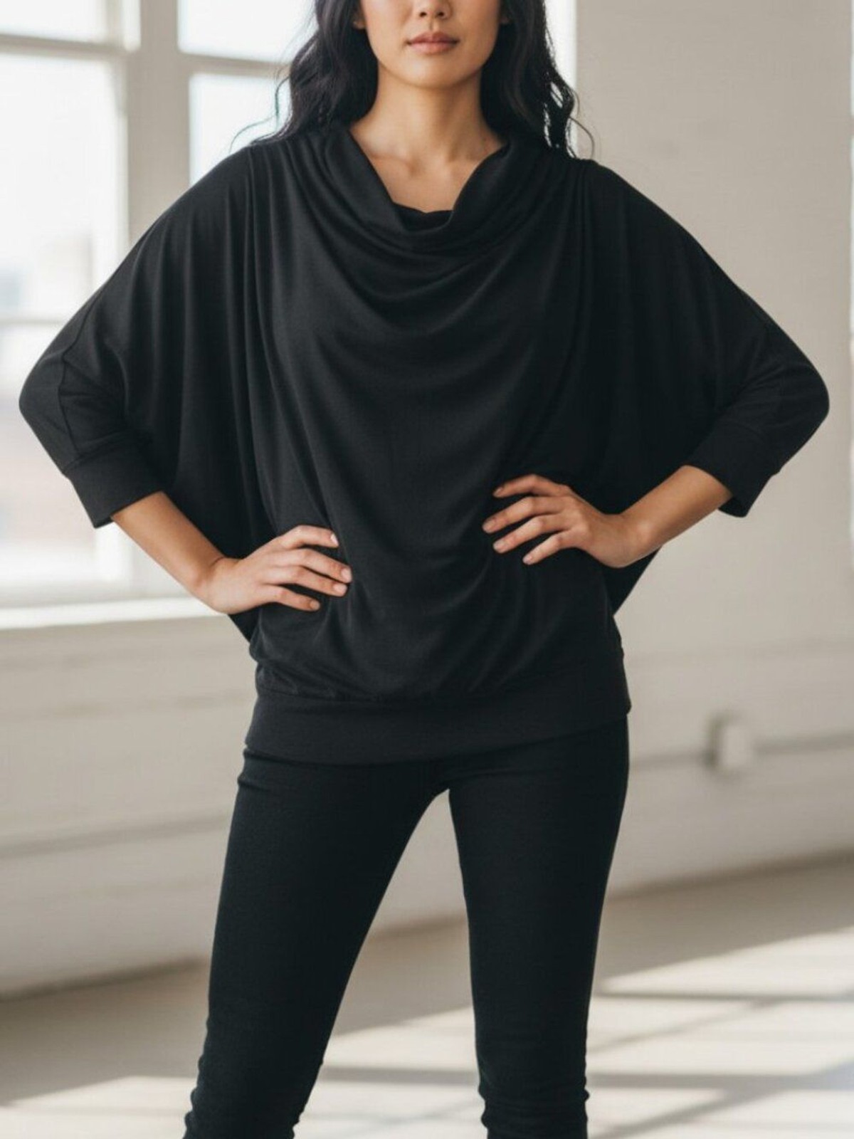 Eileen Fisher Dolman Sleeves Black Cowl Neck Large Batwing 3/4 Sleeve Draped