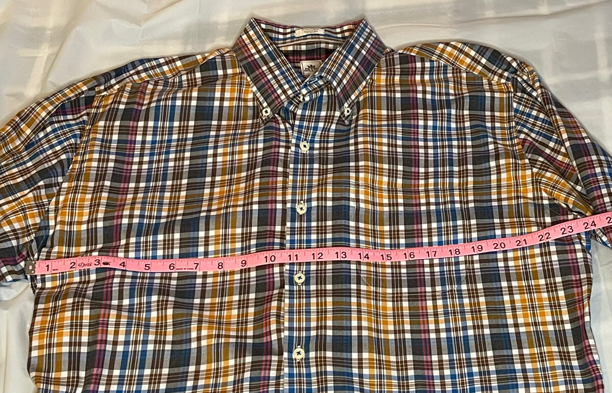 Mens Peter Millar Long Sleeve Plaid Button Down Dress Shirt Sz XL Brown Blue Tan