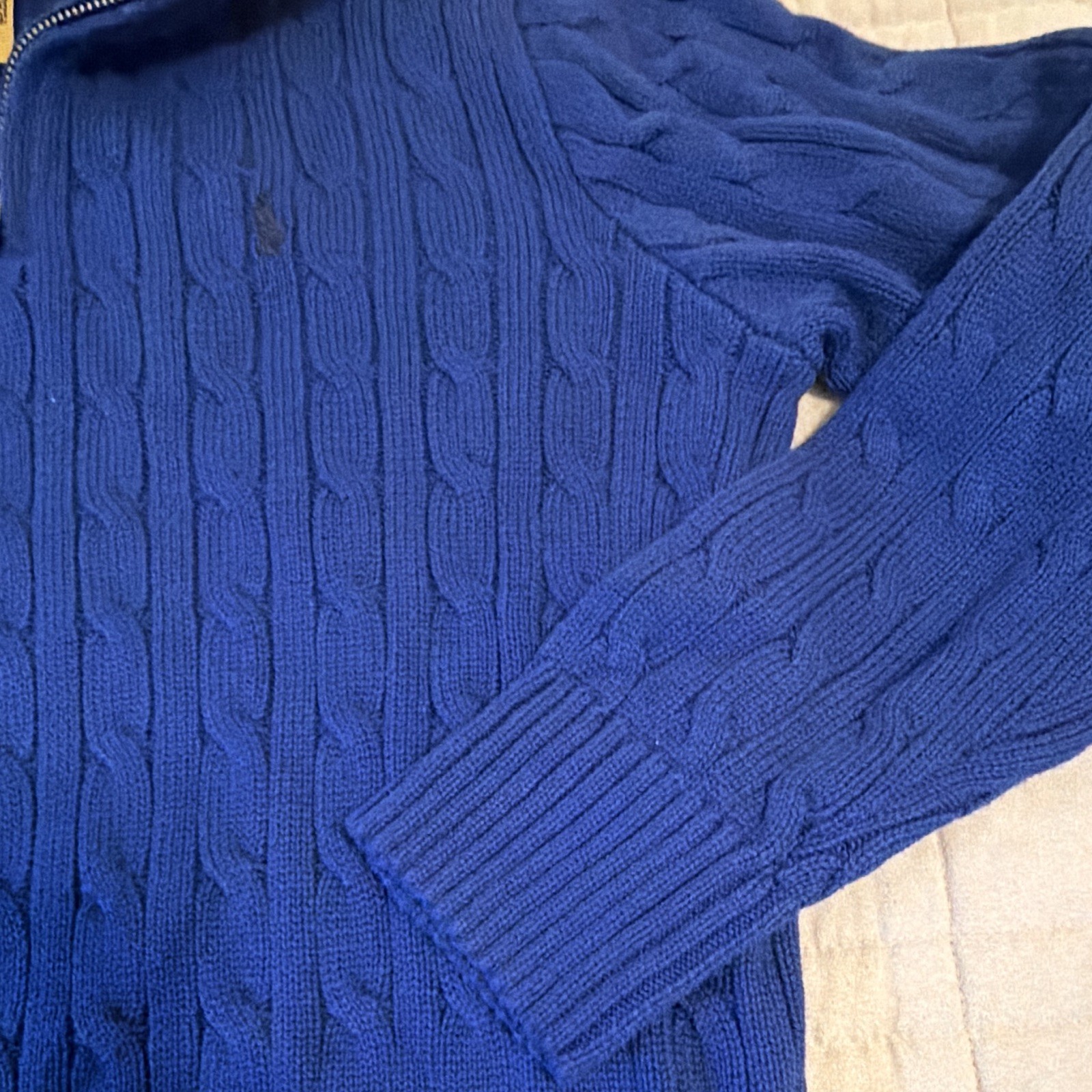 Polo Ralph Lauren Boys L 14-16 Blue Cable Knit 1/4 Zip Sweater Pony