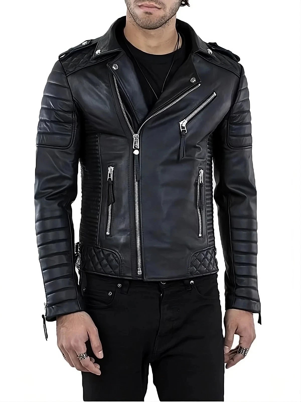 Men’s Black Biker Leather Jacket Genuine Lambskin Moto Cafe Racer Quilted Coat