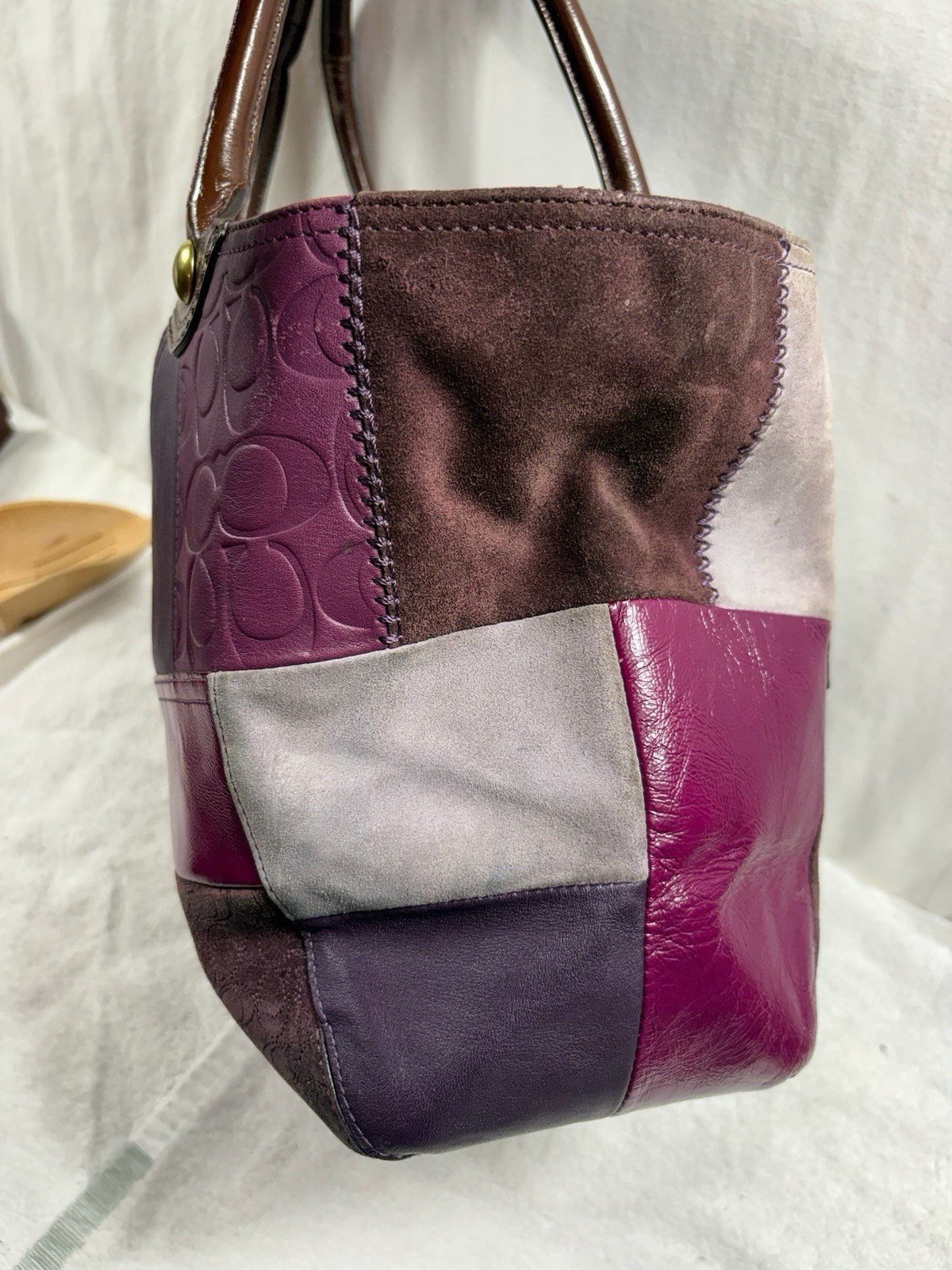 Coach Bleecker Purple Patchwork Tote Bag Leather Suede Signature Y2K F14045