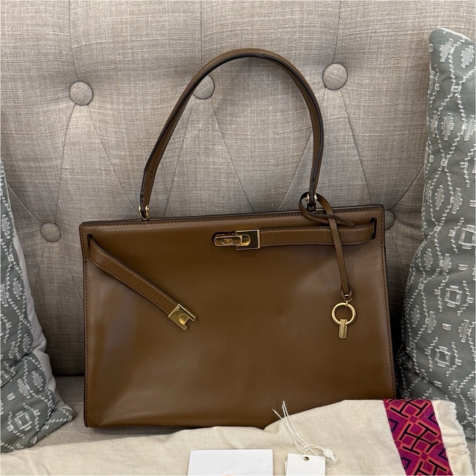 Tory Burch Lee Radziwill Leather Top Handle Satchel-Large in Moose w gold HW