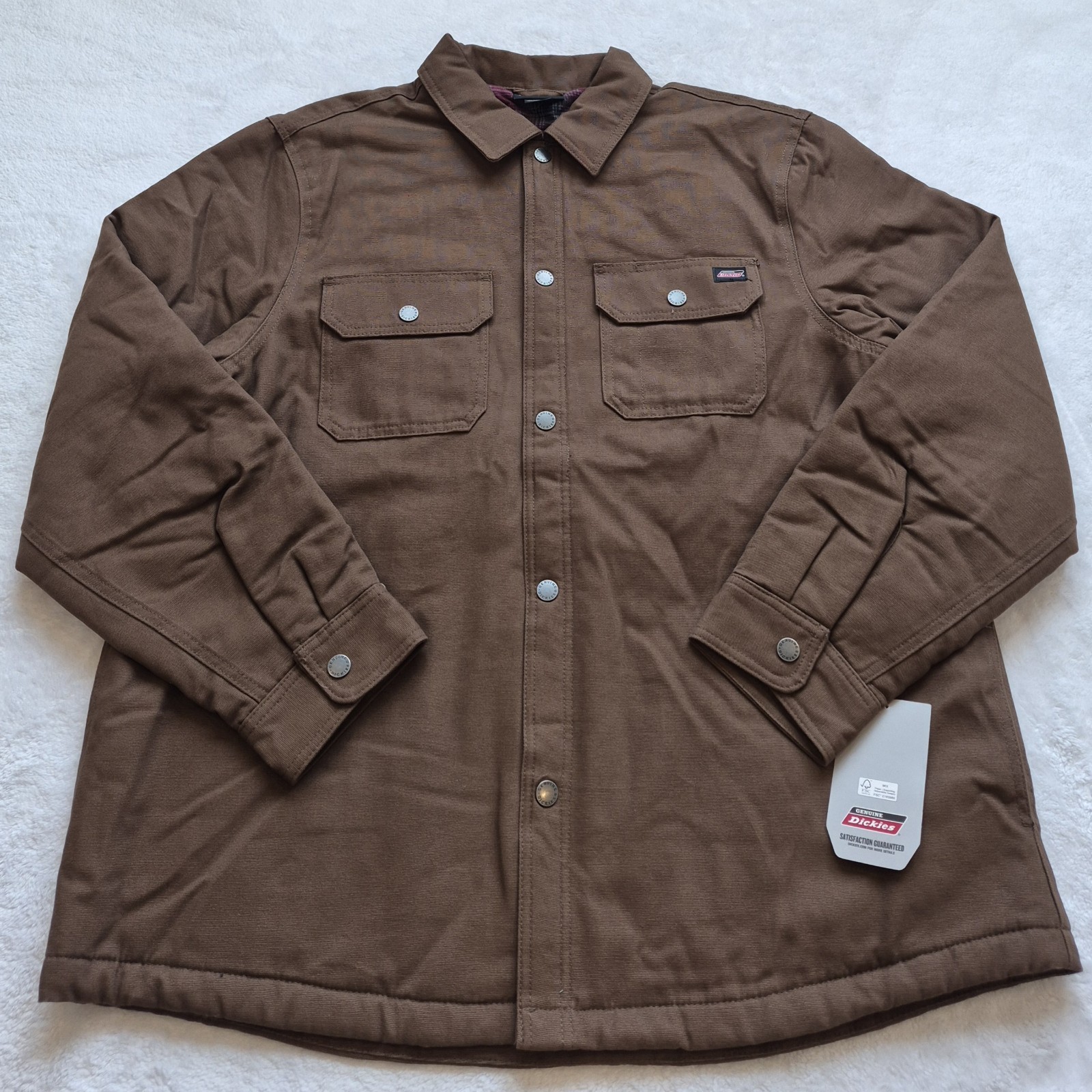Dickies Men’s work canvas jacket Flannel Plaid Lined duck Brown size L snap