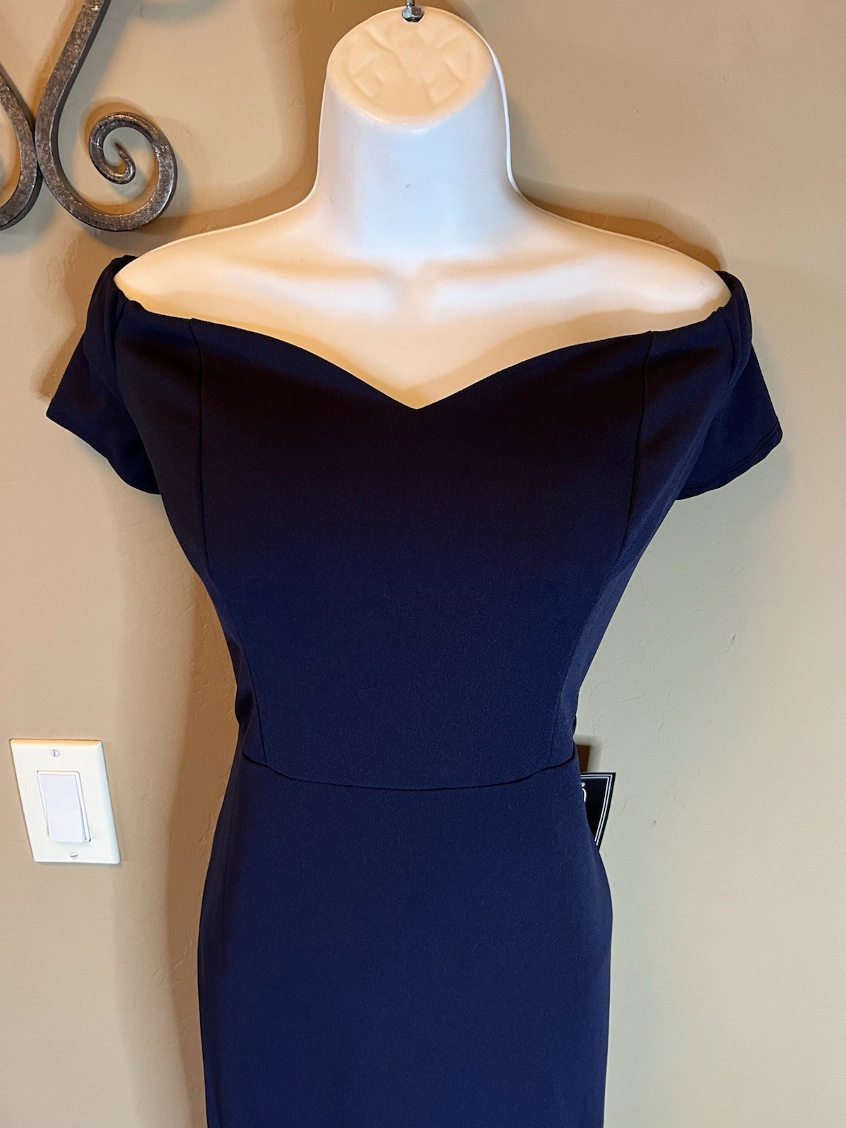 New Rebecca B. Navy Off Shoulder Sweetheart Neckline Midi Dress 8