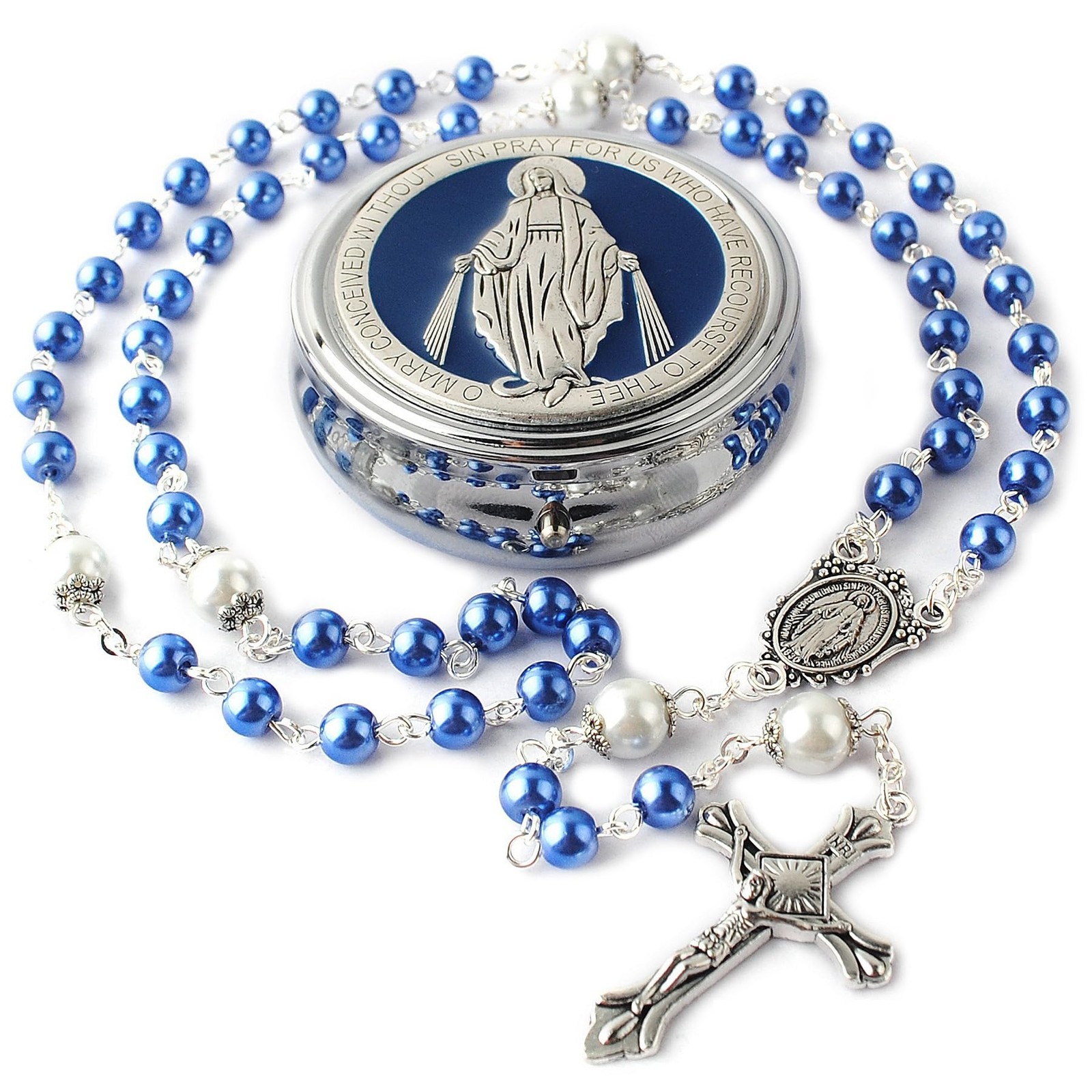 HanlinCC 6mm Glass 53cm (20.8 inches), Blue Rosary with Miraculous Gift Box