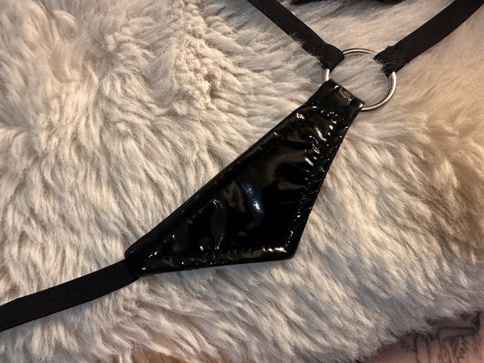 Black Patent Leather Latex Bustier Corset Top Goth Ring Strap Bat Accent L