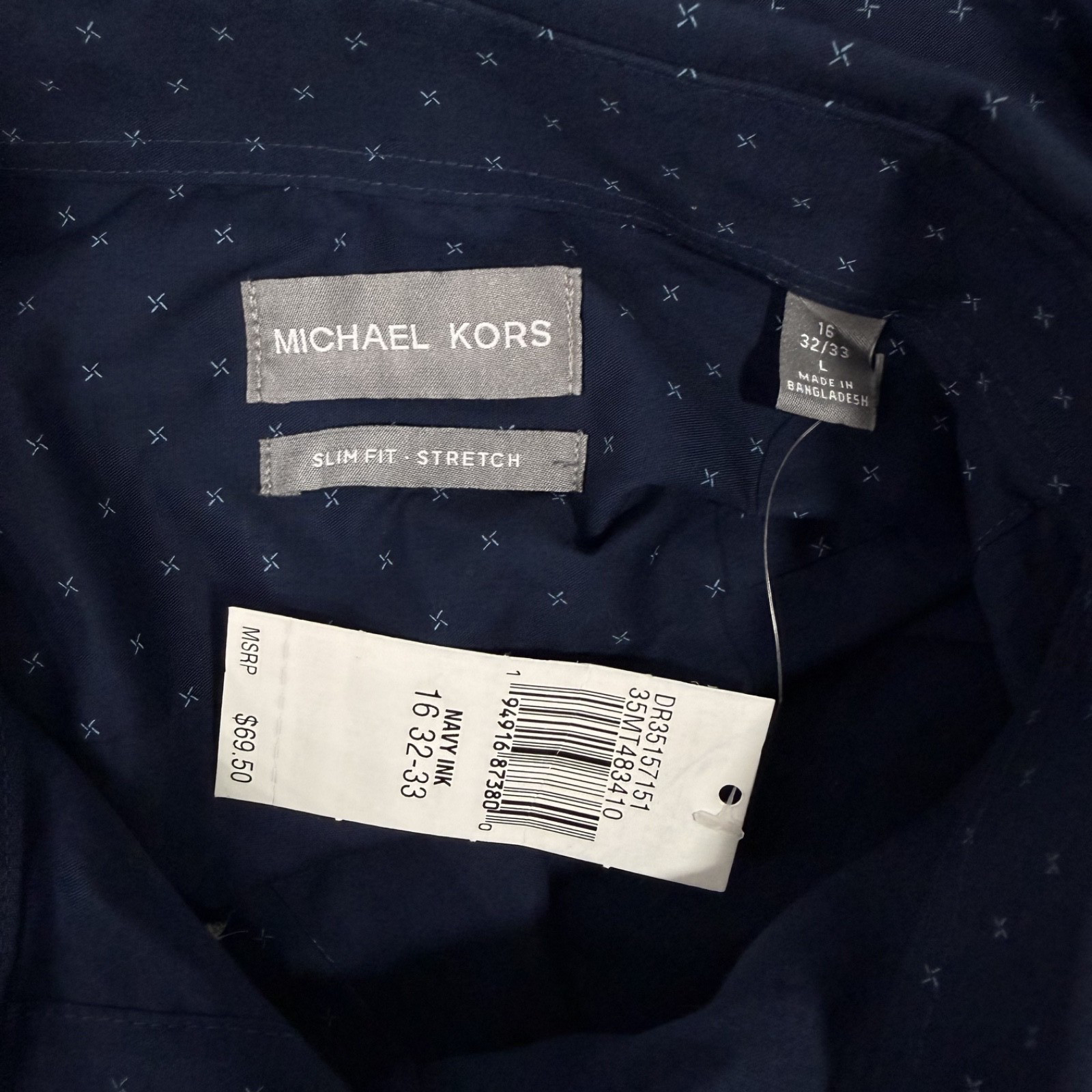 Michael Kors Men’s Large Blue Geometric Slim Fit Stretch Button-Front Shirt NWT