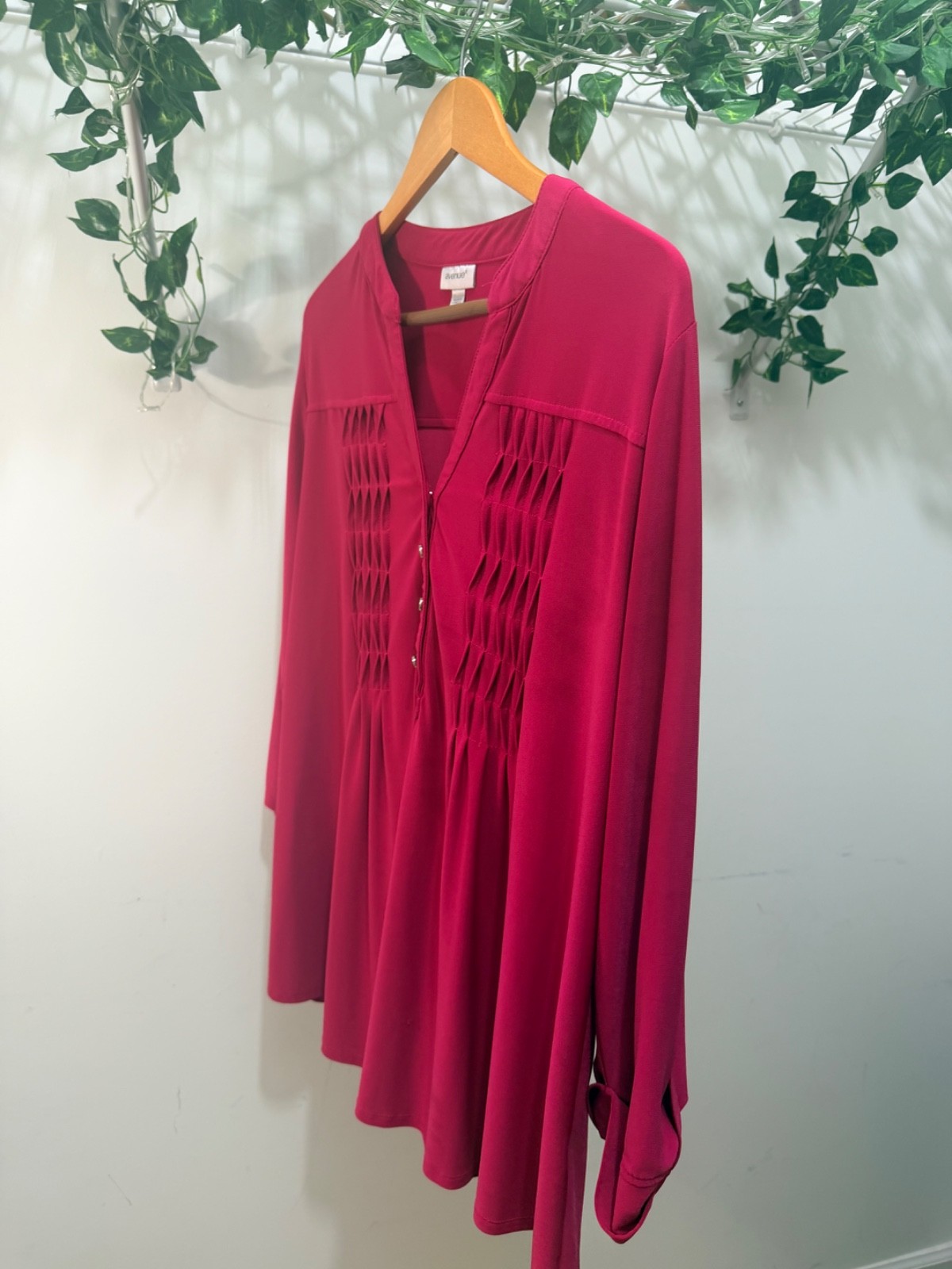 Avenue Womens 18/20 Pink Pintuck Tunic Top Roll Tab Sleeves Stretch Knit Plus Si