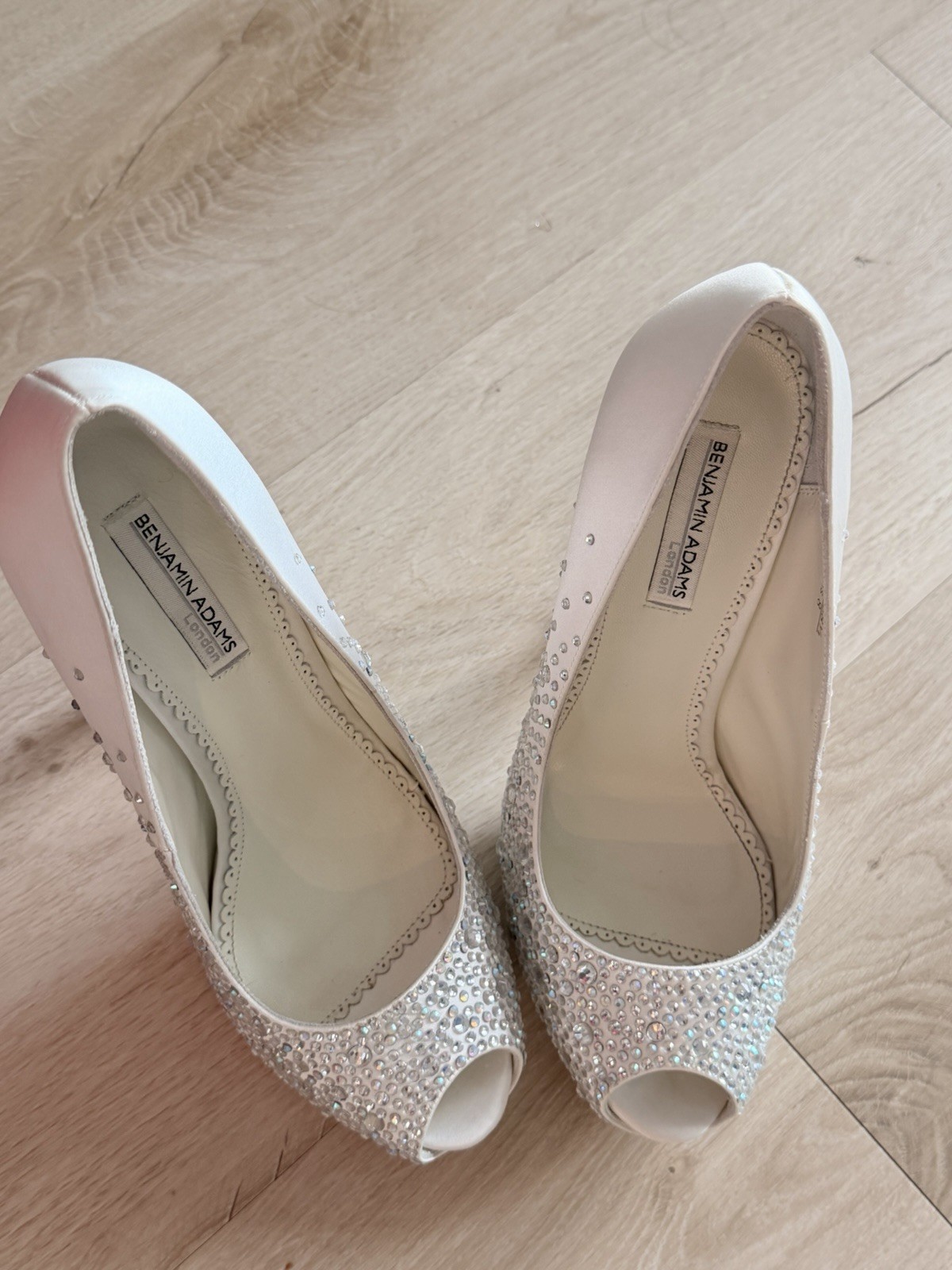 Benjamin Adams London ‘Vero Cuoio’ Crystal Heels – Satin Peep-Toe, Size 8